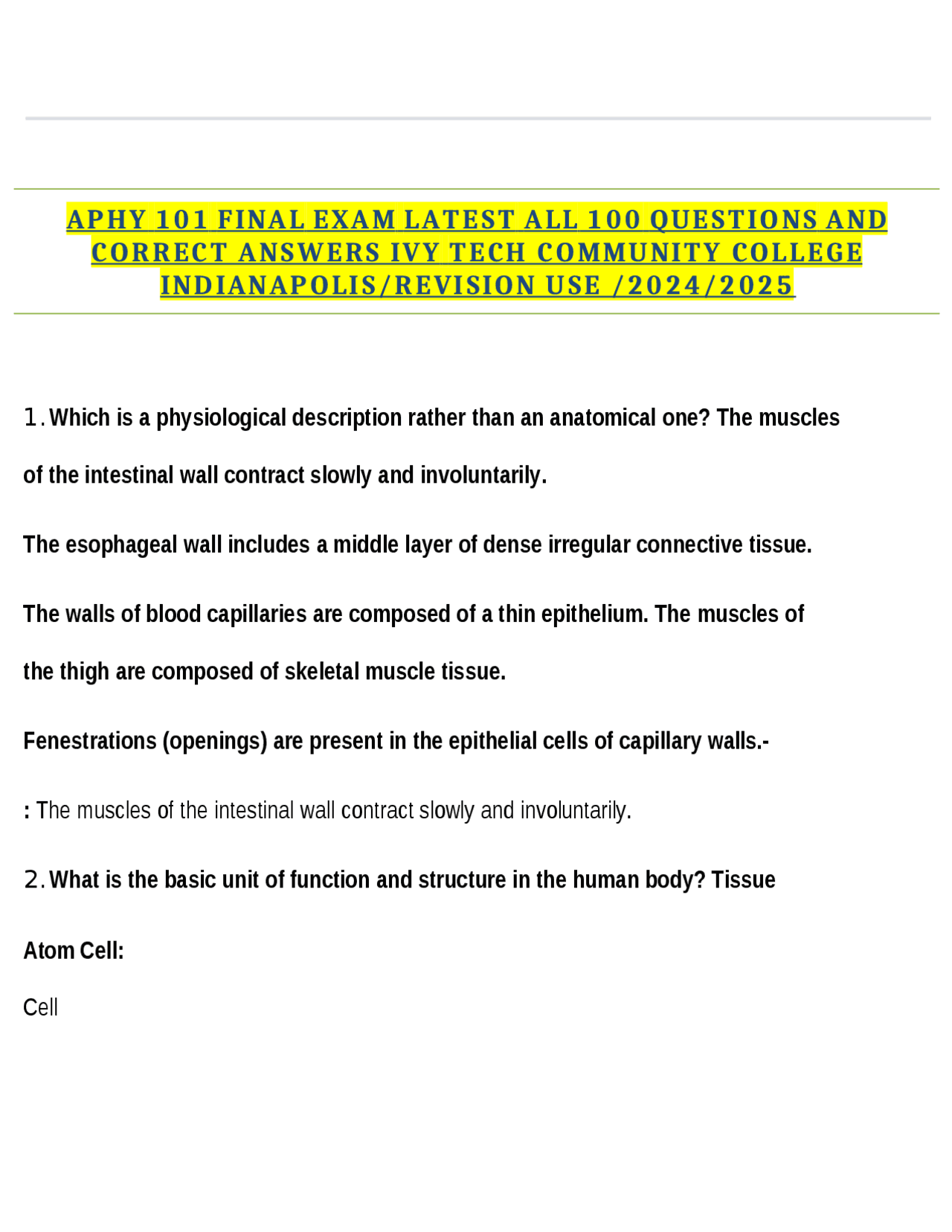 APHY 101 FINAL EXAM LATEST ALL 100 QUESTIONS AND CORRECT ANSWERS IVY ...