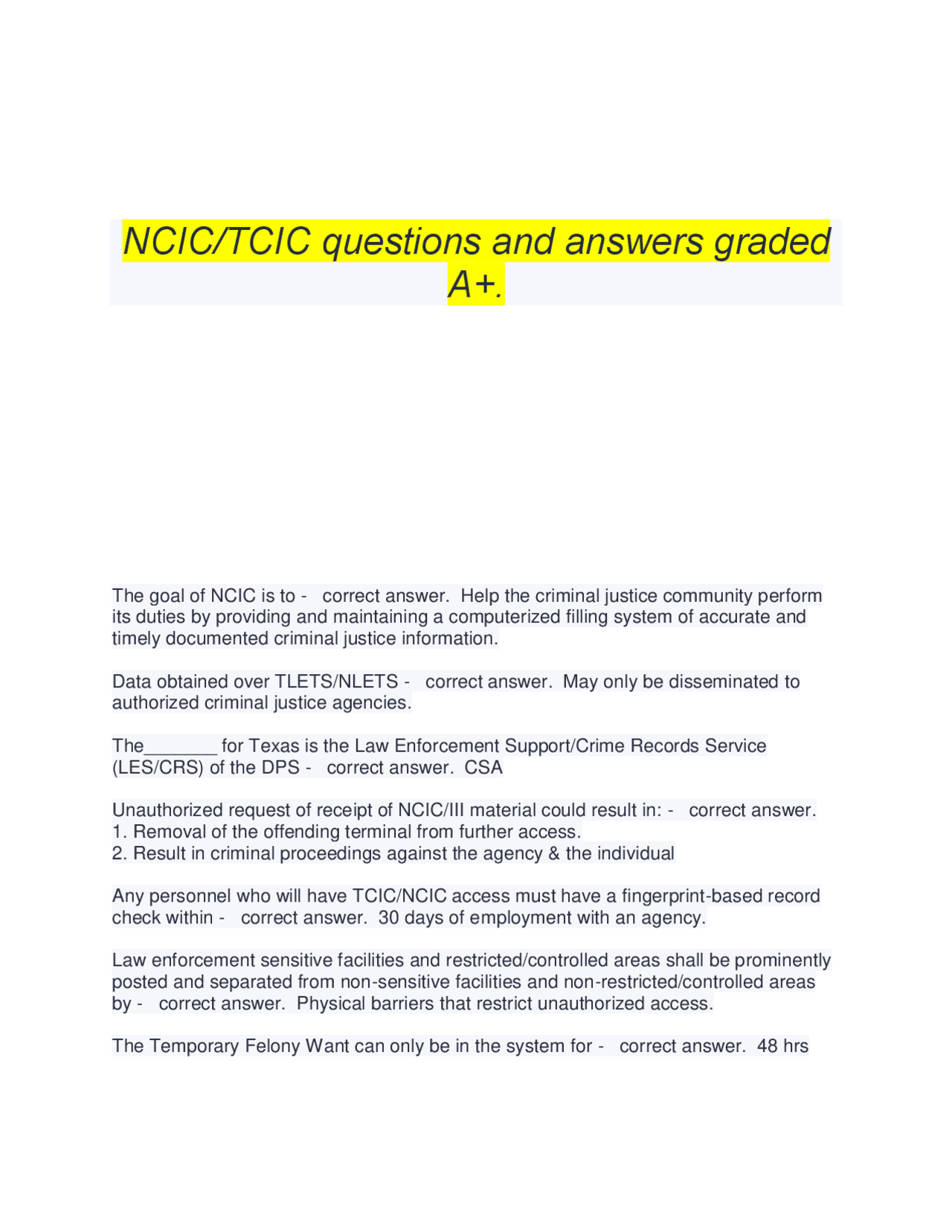 NCIC/TCIC questions and answers graded A+. | Exams Andragogy | Docsity