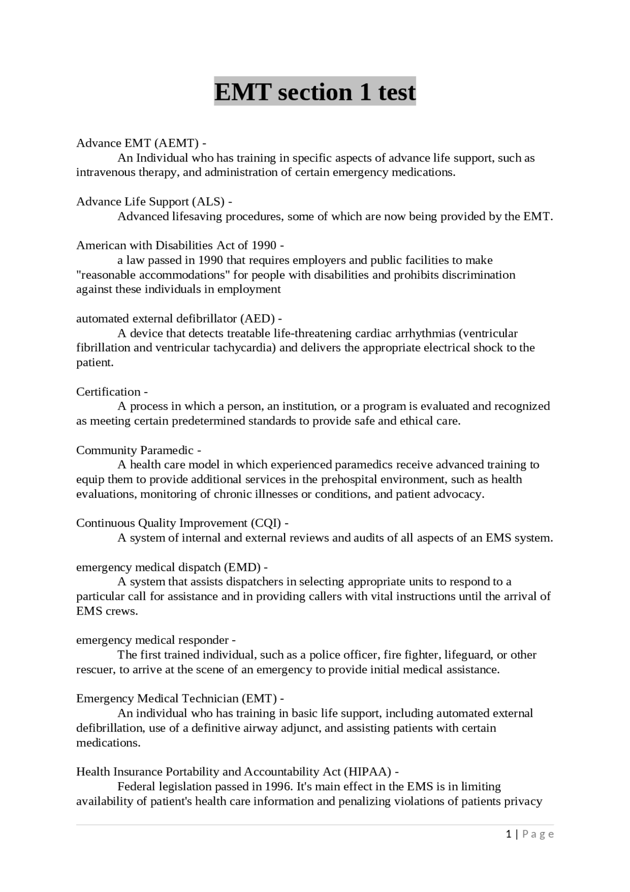 EMT section 1 test EMT section 1 test | Exams Nursing | Docsity