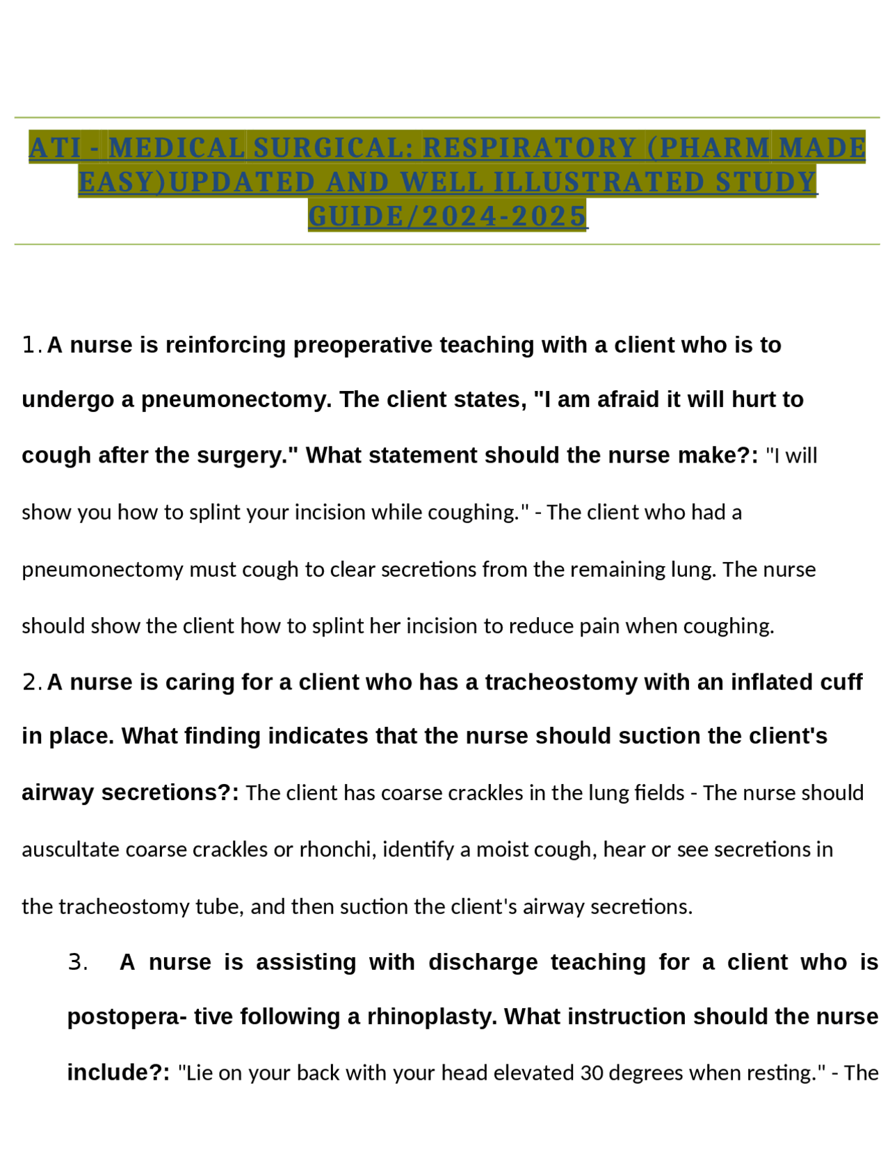 ATI - MEDICAL SURGICAL: RESPIRATORY (PHARM MADE EASY)UPDATED AND WELL