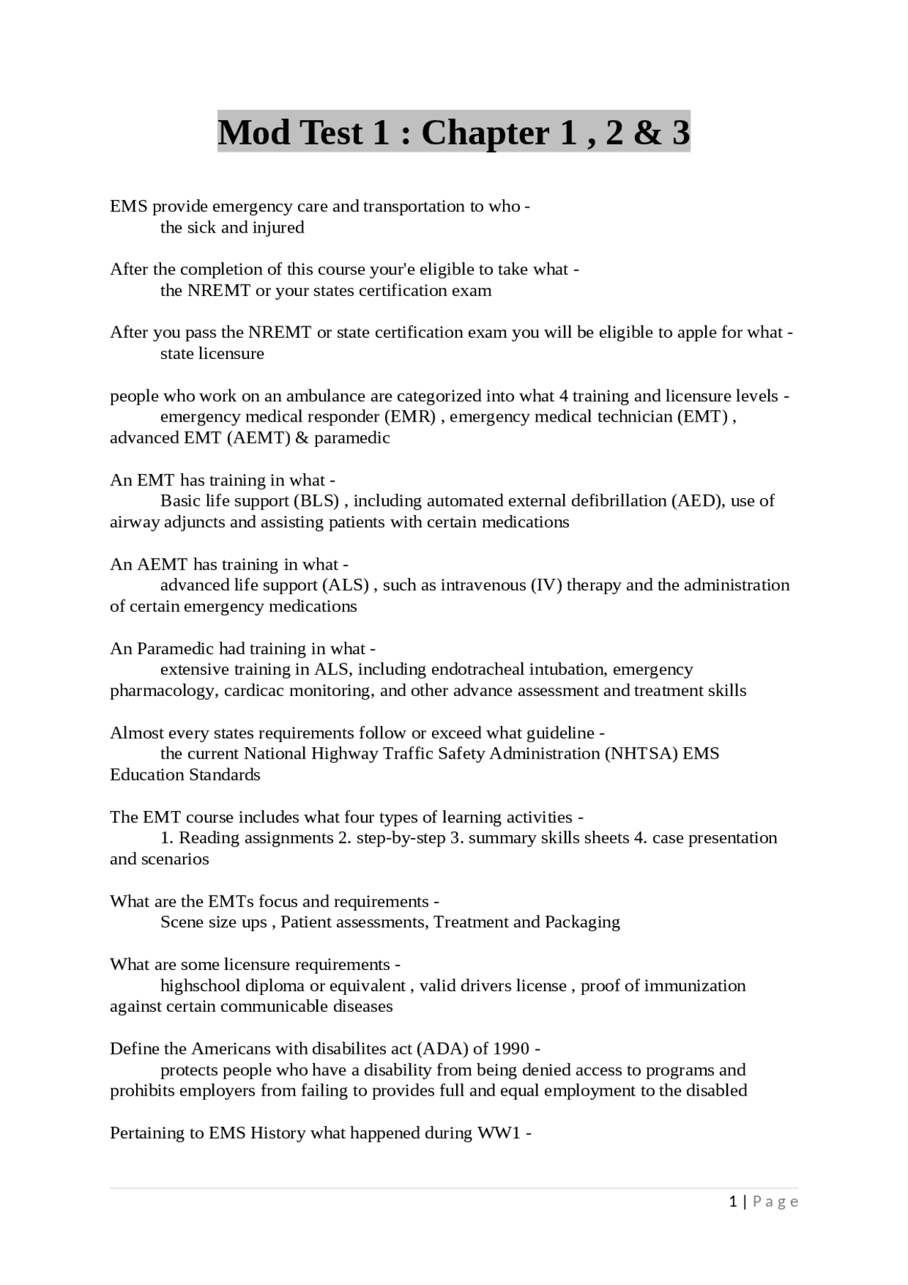 Mod Test 1 Chapter 1 , 2 & 3 | Exams Nursing | Docsity