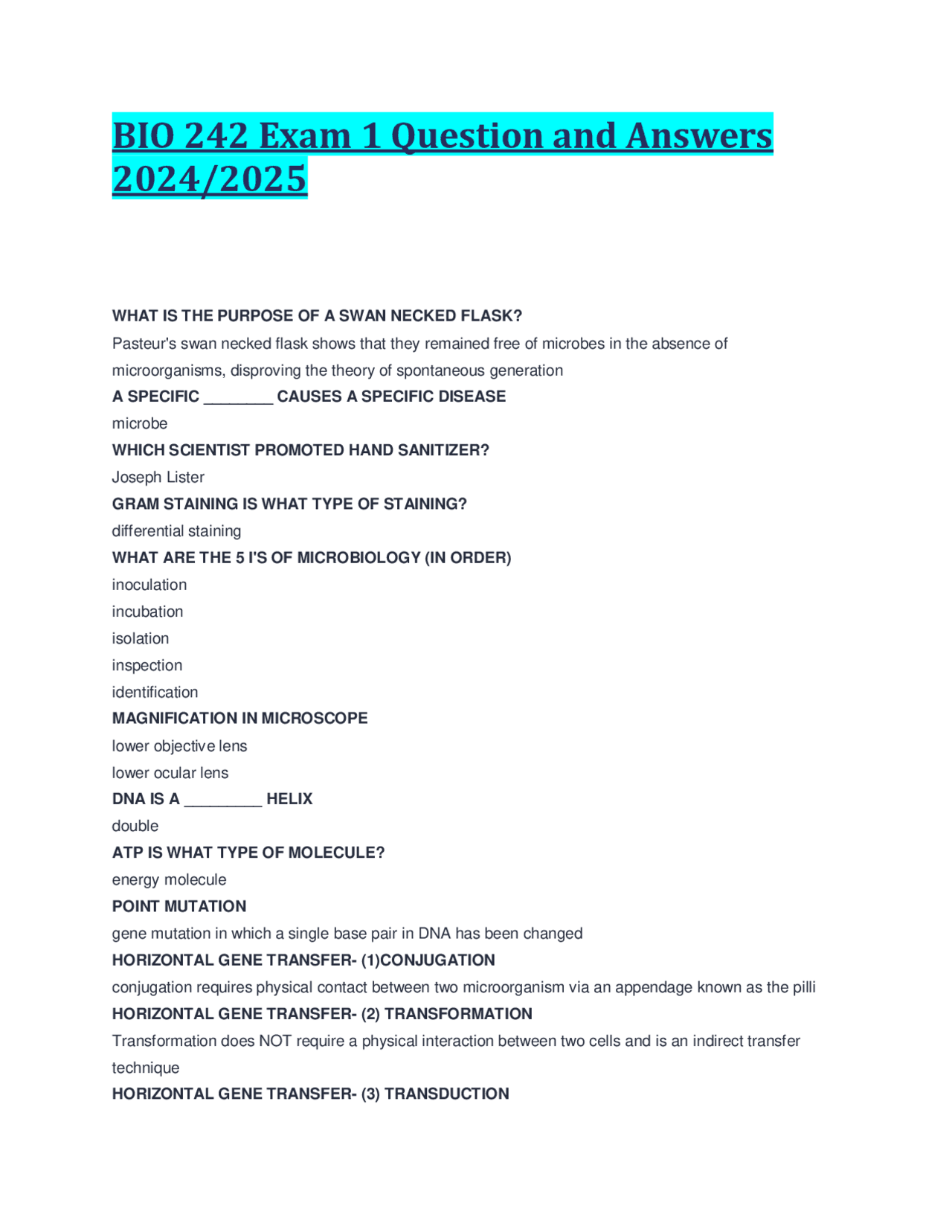 BIO 242 Exam 1 Question and Answers 2024/2025 | Exams Biology | Docsity