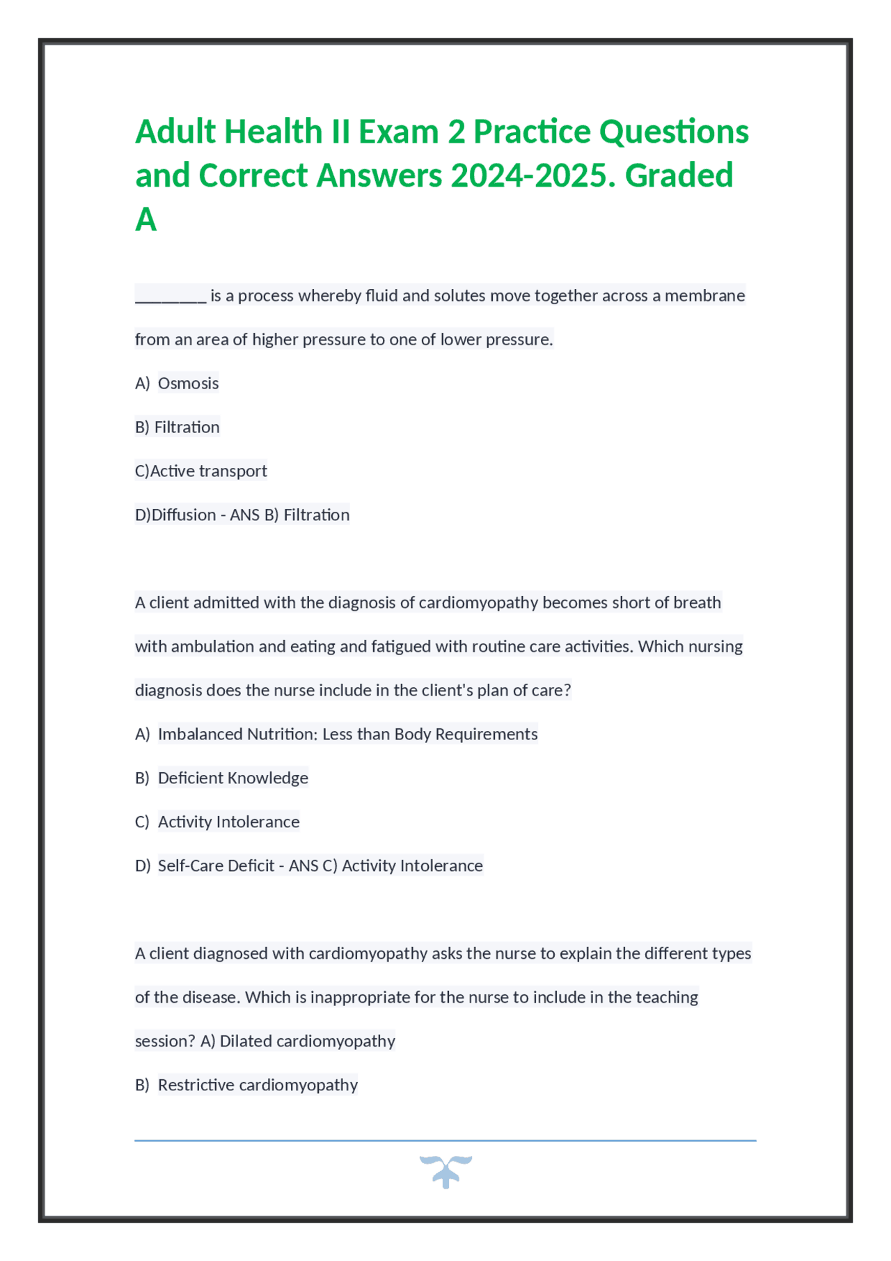 Adult Health II Exam 2 Practice Questions and Correct Answers 2024-2025 ...