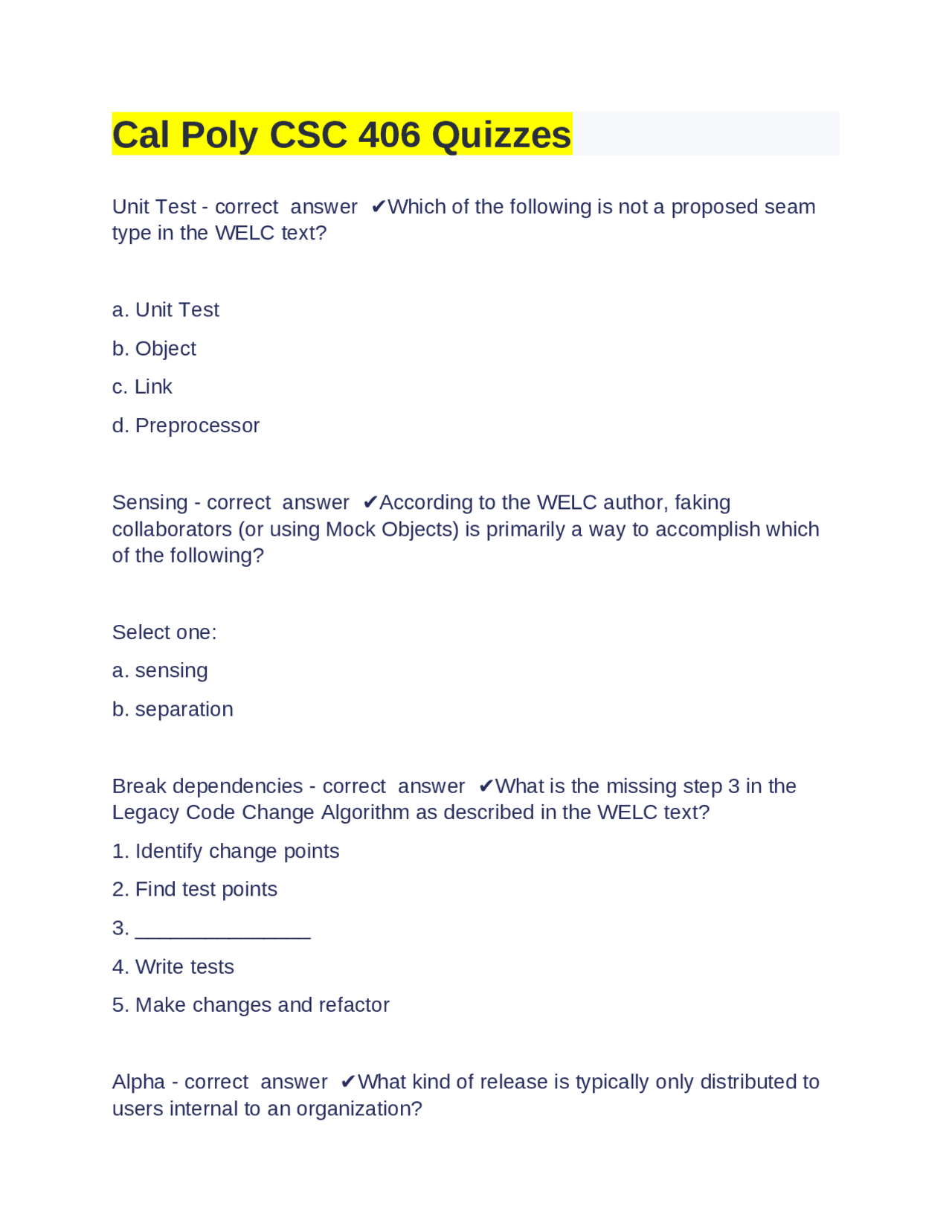 Cal Poly CSC 406 Quizzes Question and answers 100 correct Exams