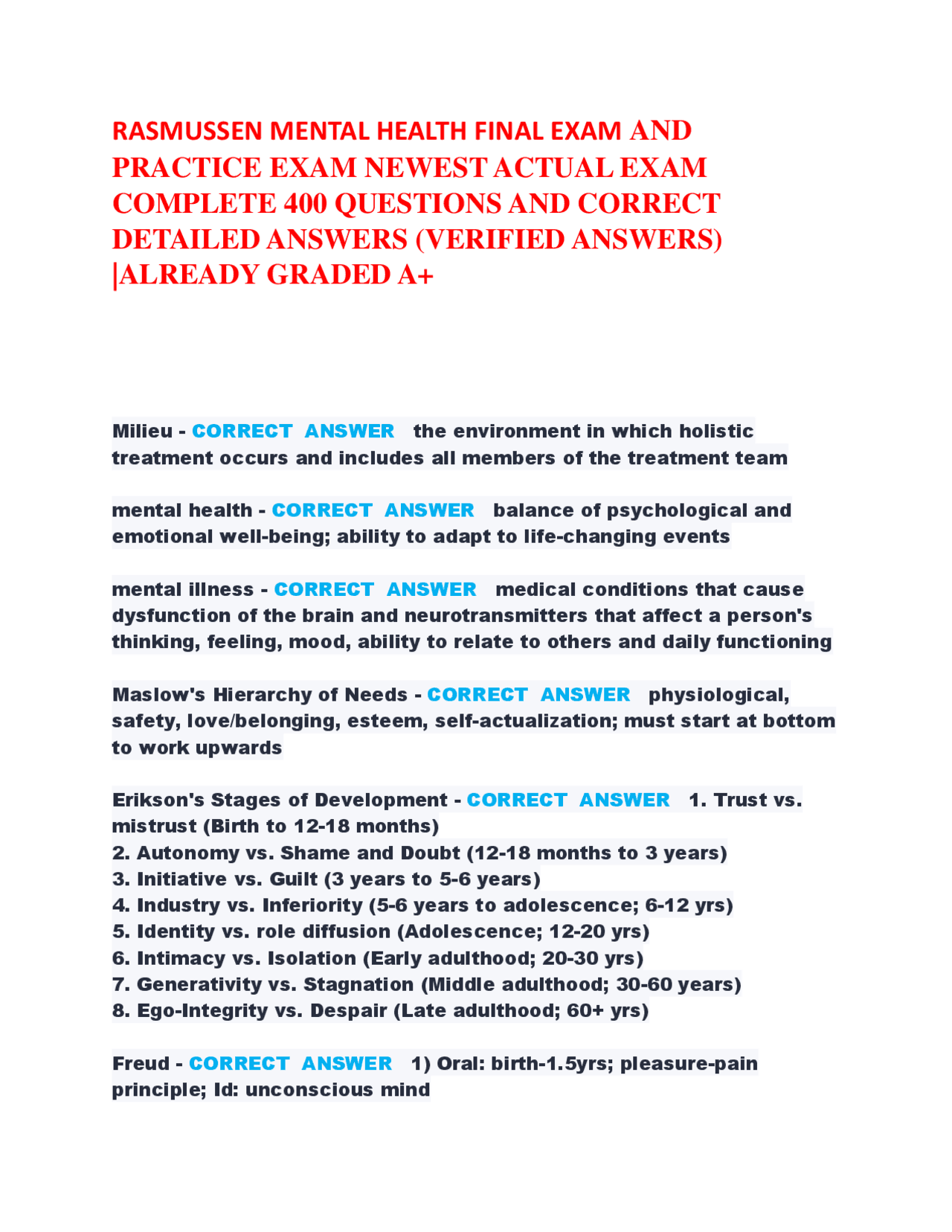 RASMUSSEN MENTAL HEALTH FINAL EXAM AND PRACTICE EXAM NEWEST ACTUAL EXAM ...