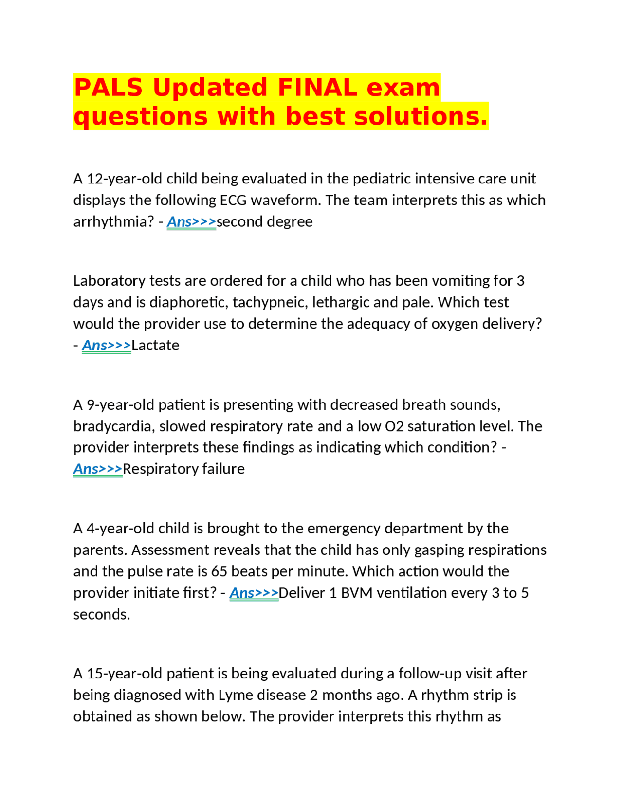 PALS Updated FINAL exam questions with best solutions. | Exams Nursing ...