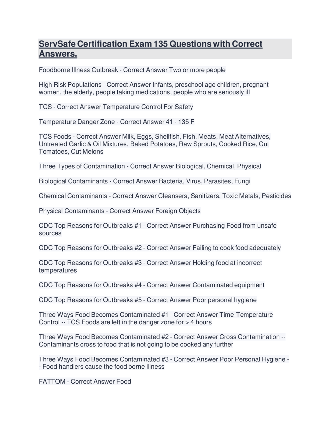 ServSafe Certification Exam Study Guide: 135 Questions and Answers ...
