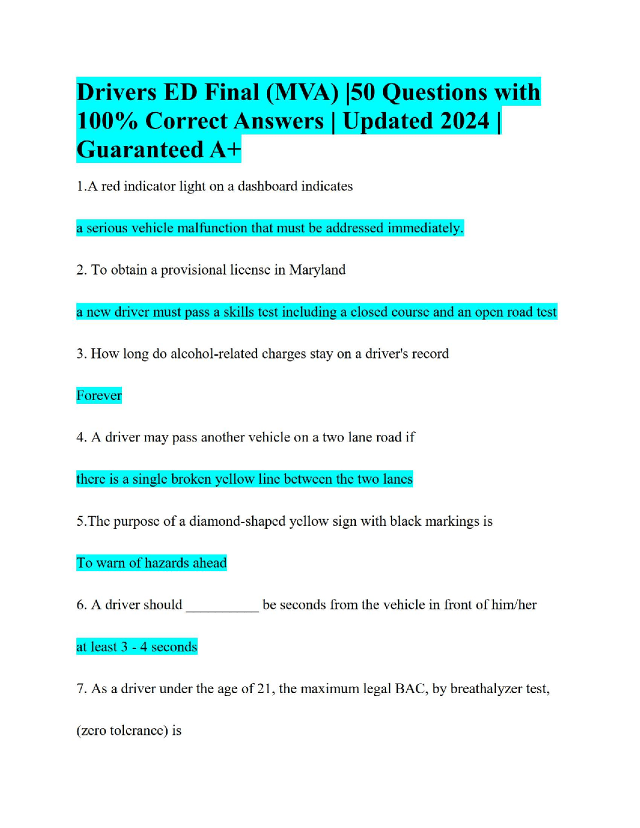 Drivers ED Final (MVA) |50 Questions with 100% Correct Answers ...