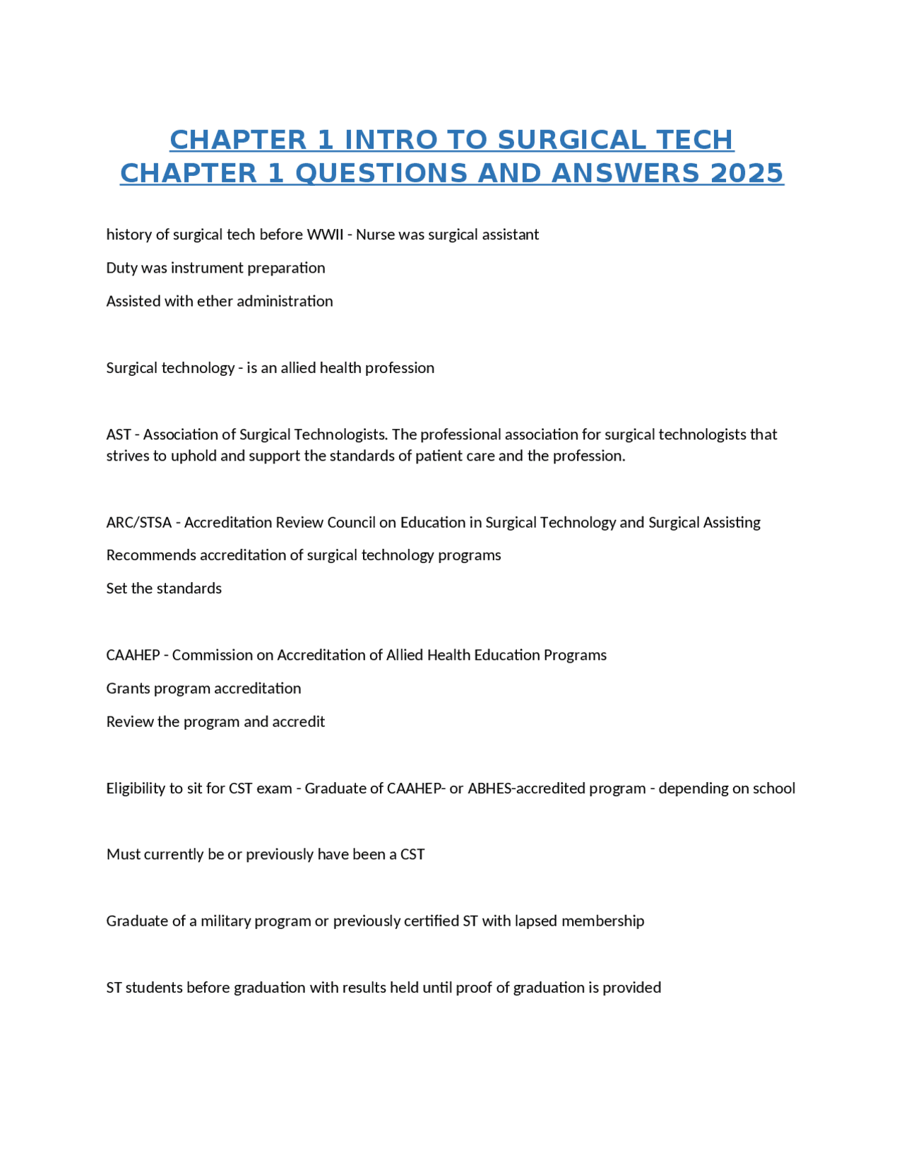 CHAPTER 1 INTRO TO SURGICAL TECH CHAPTER 1 QUESTIONS AND ANSWERS 2025 ...
