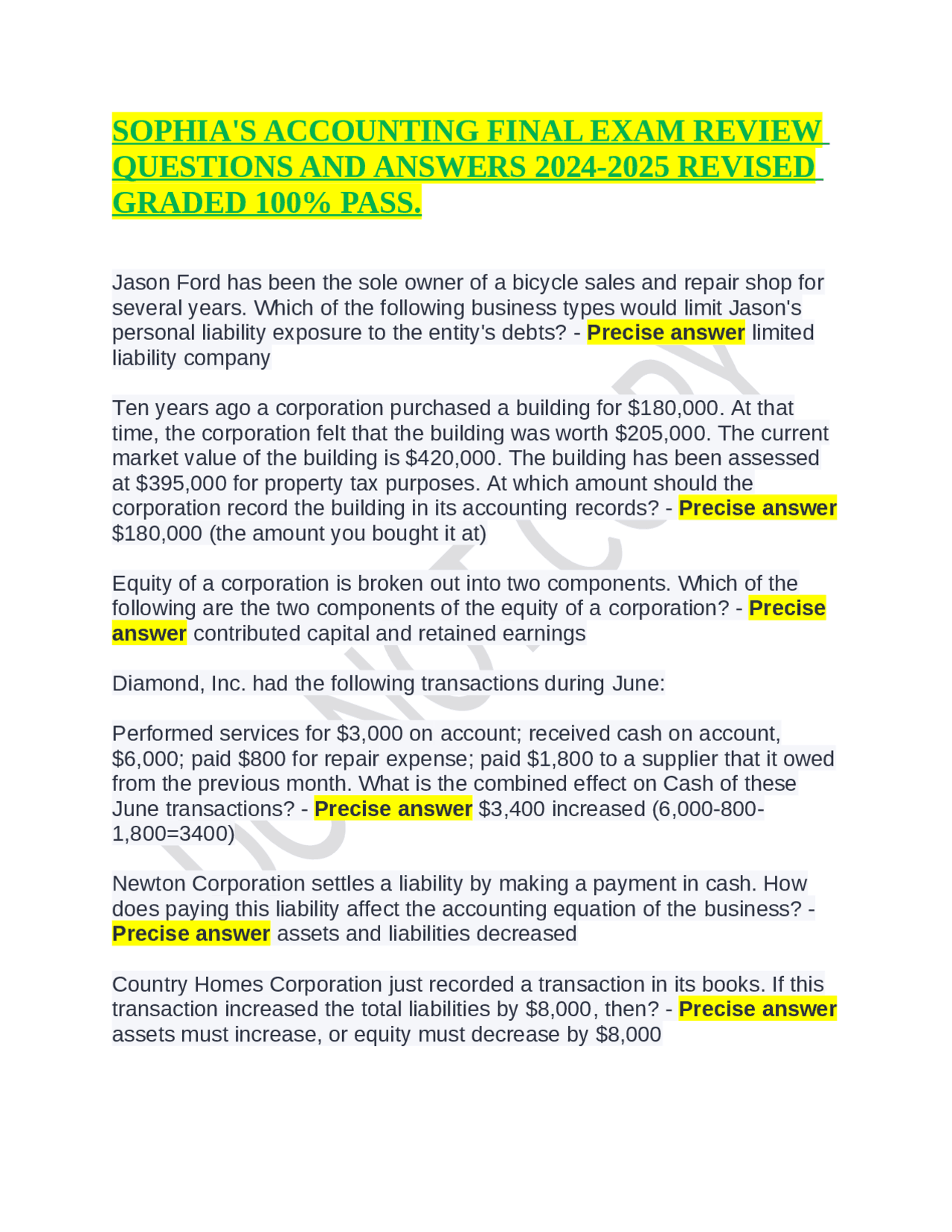 SOPHIA'S ACCOUNTING FINAL EXAM REVIEW QUESTIONS AND ANSWERS 2024-2025 ...