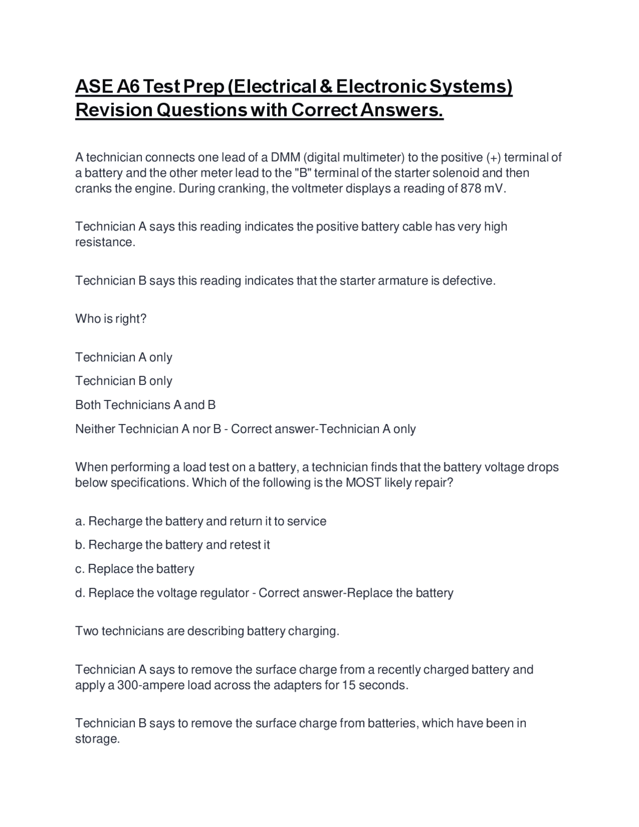ASE A6 Test Prep (Electrical & Electronic Systems) Revision Questions ...