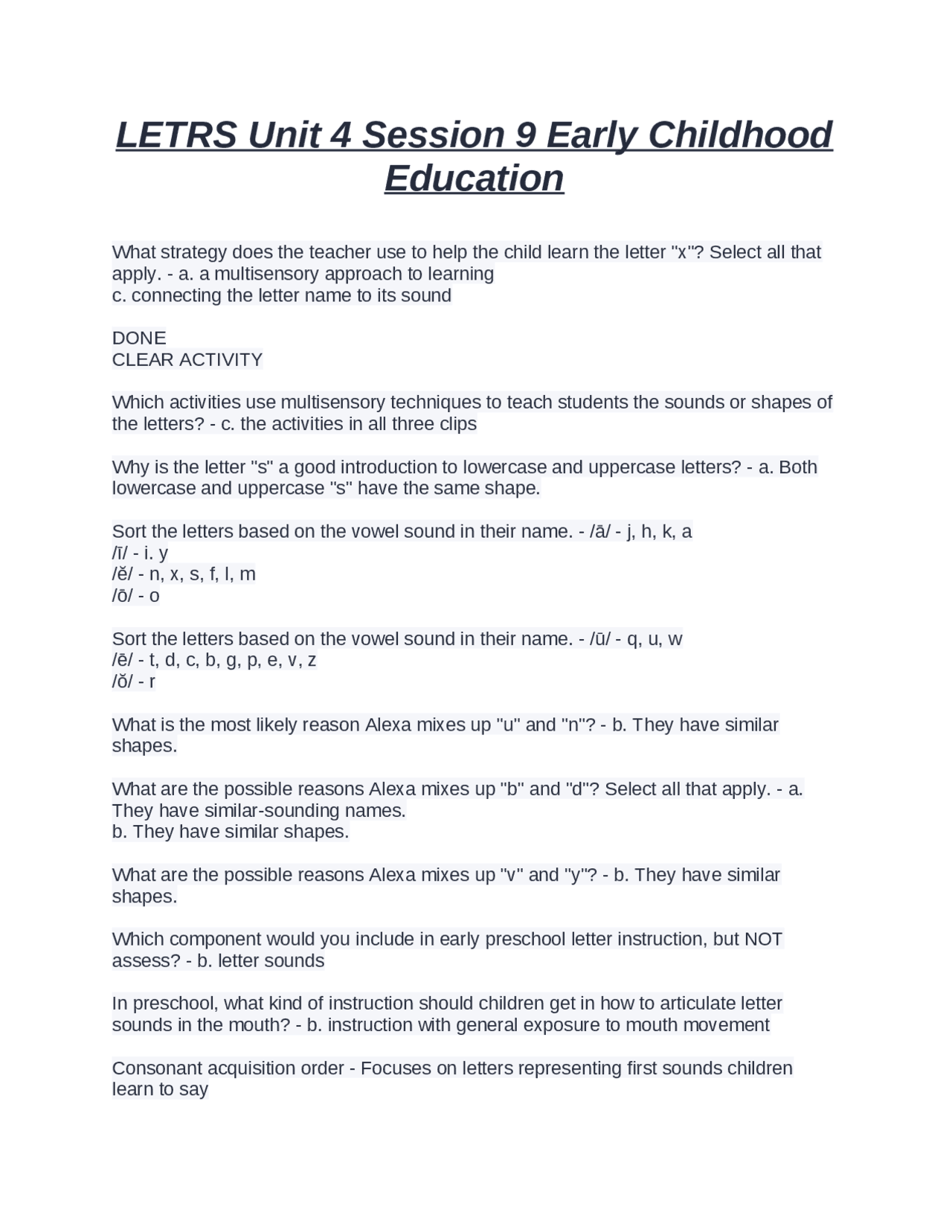 LETRS Unit 4 Session 9 Early Childhood Education Exams Advanced