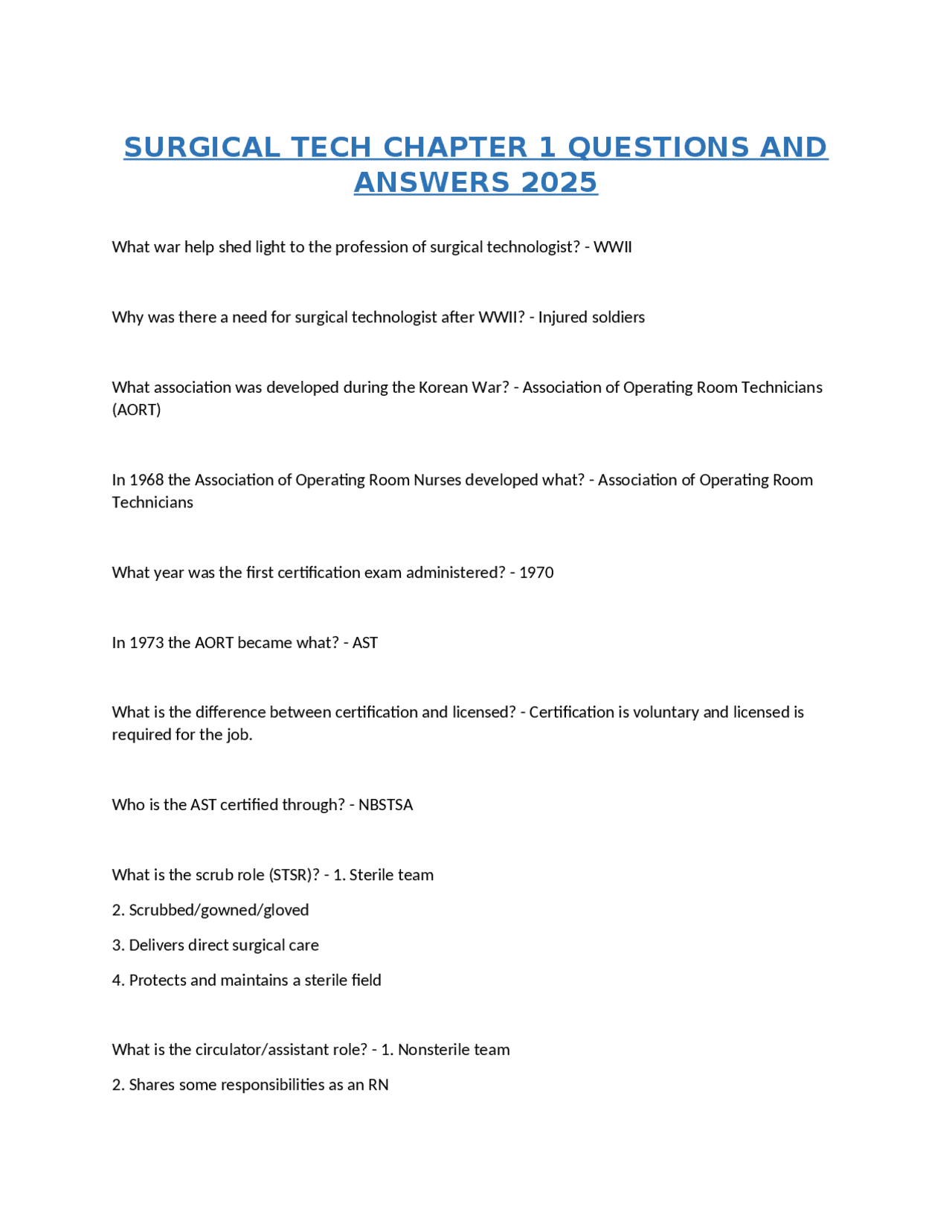 SURGICAL TECH CHAPTER 1 QUESTIONS AND ANSWERS 2025 | Exams Advanced ...