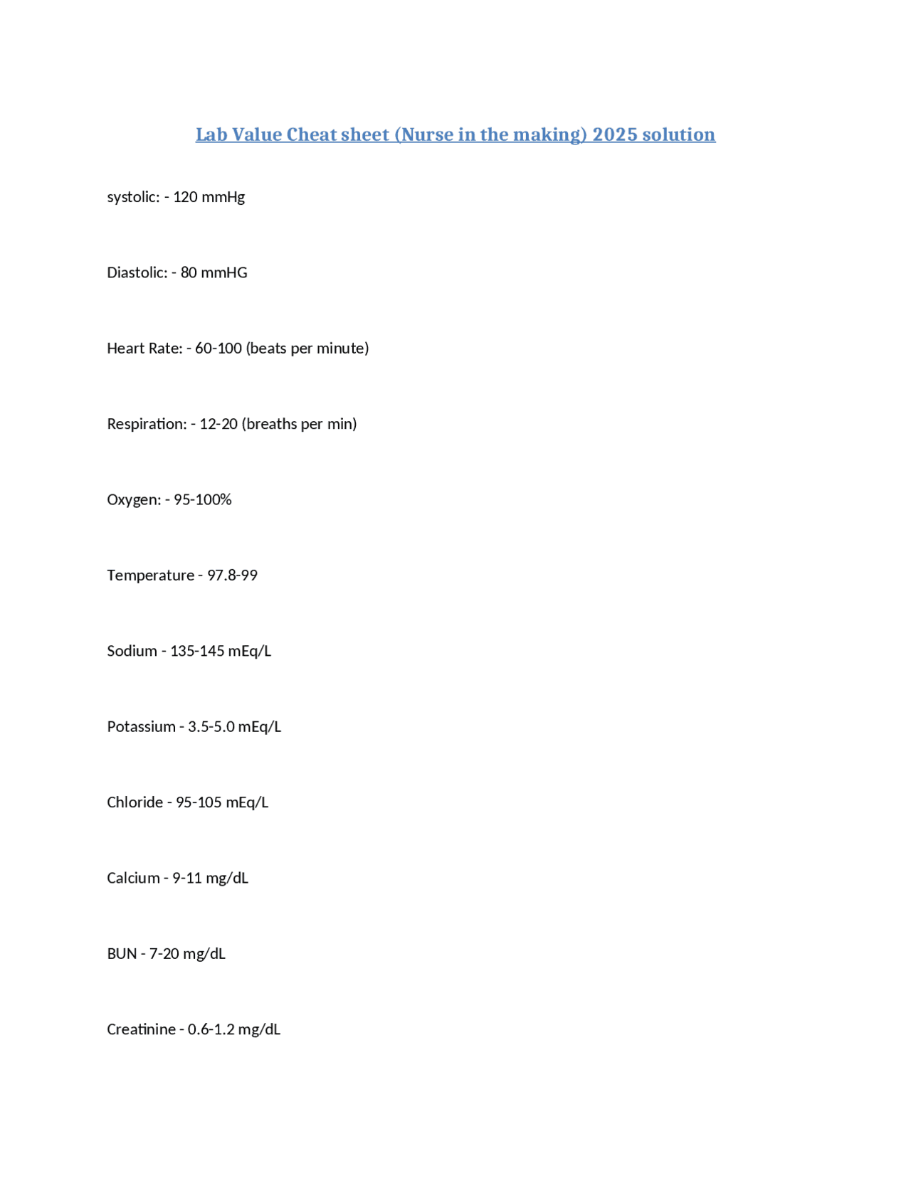 Lab Value Cheat sheet (Nurse in the making) 2025 solution | Exams ...