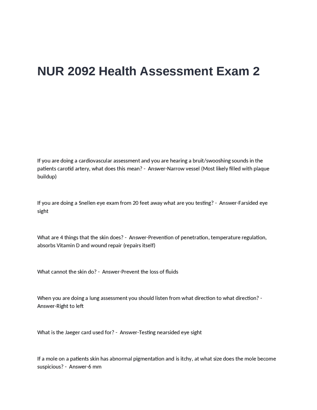 NUR 2092 Health Assessment Exam 2 Questions and Answers | Exams Nursing ...