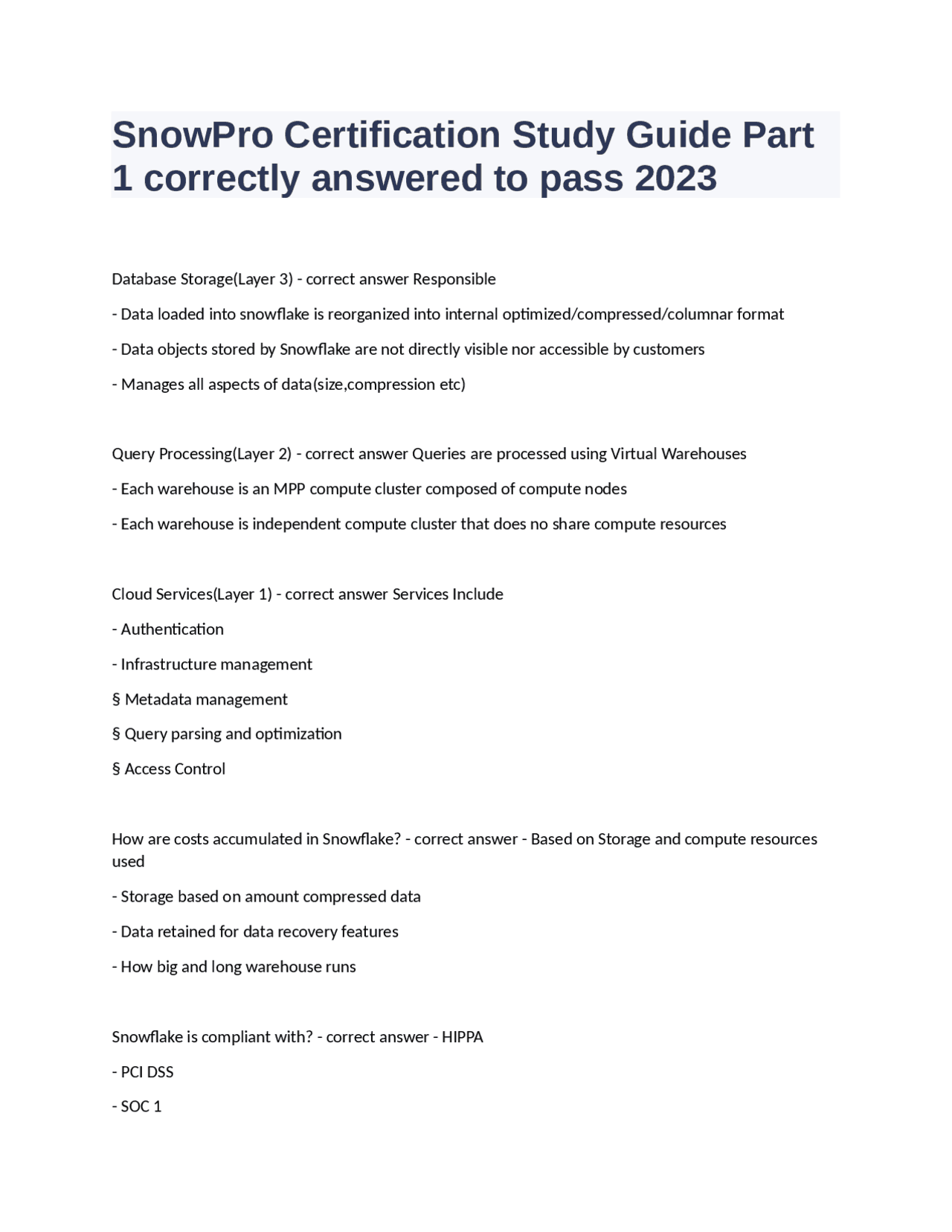 SnowPro Certification Study Guide Part 1 correctly answered to pass ...