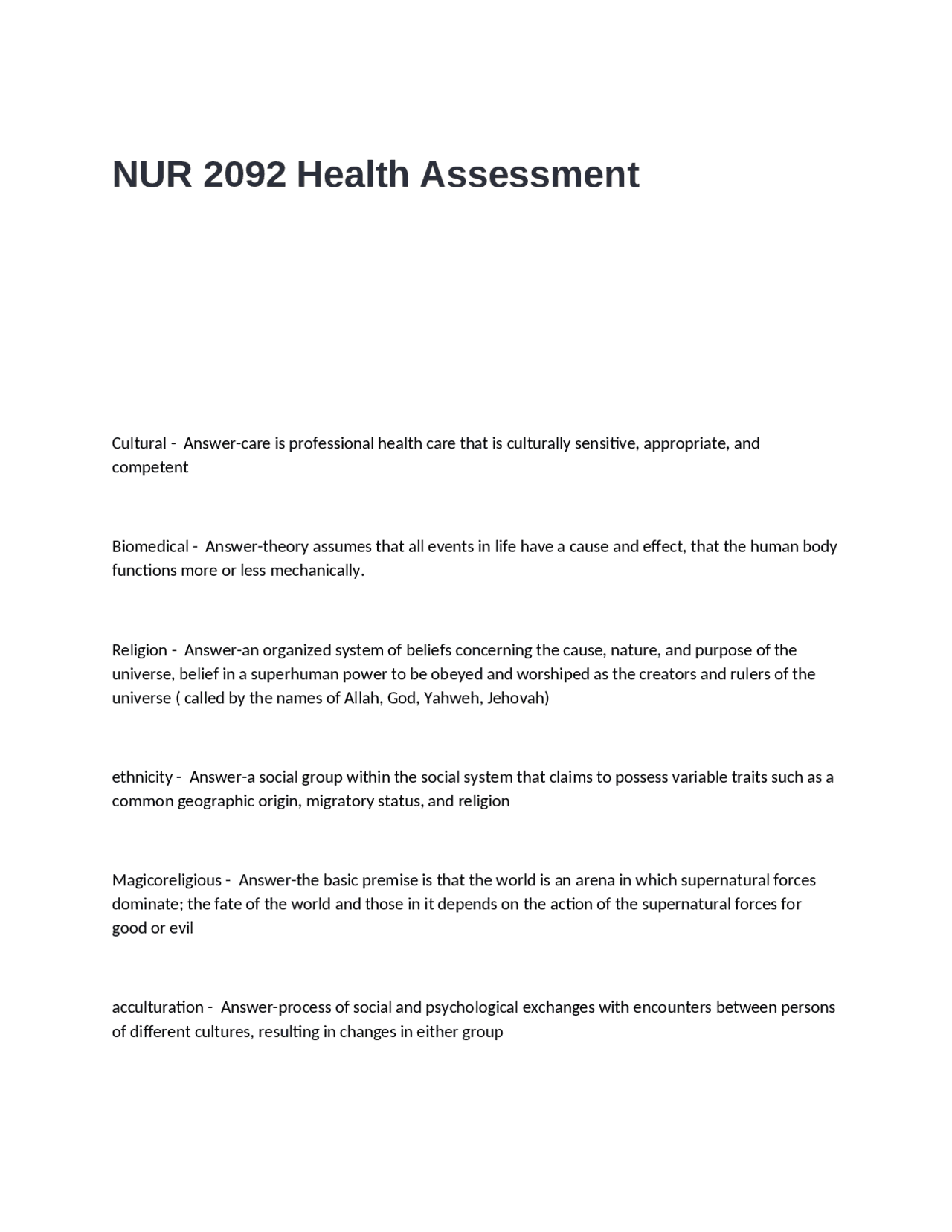 NUR 2092 Health Assessment Test Questions and Answers | Exams Nursing ...