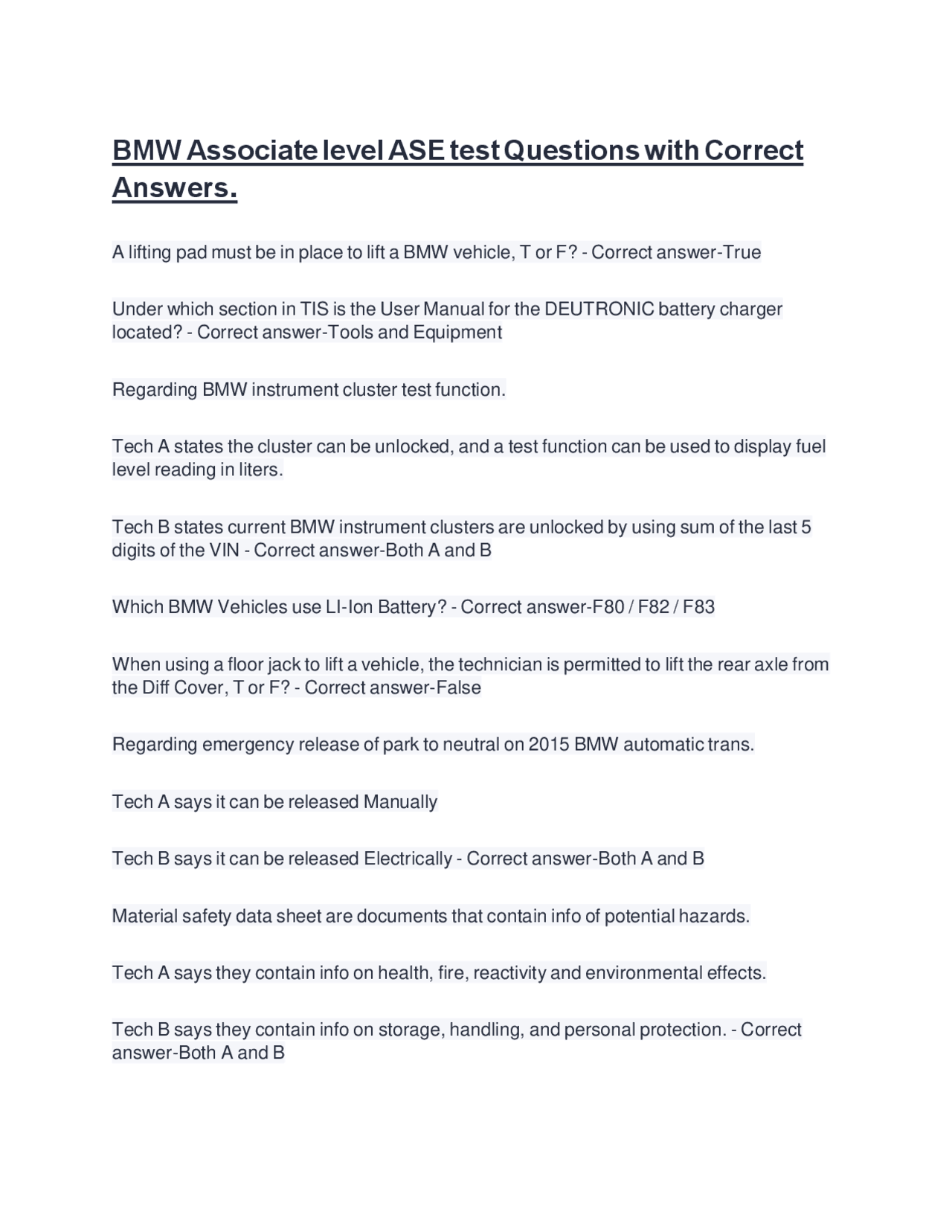 BMW Associate level ASE test Questions with Correct Answers. | Exams ...