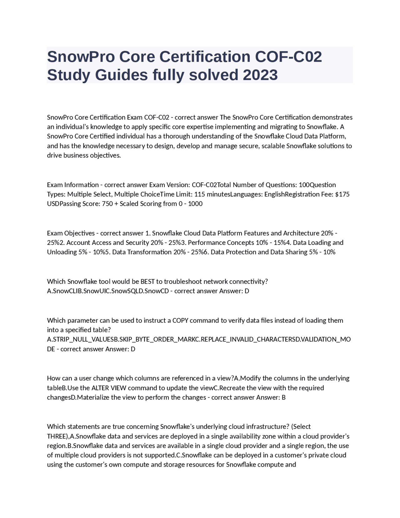 SnowPro Core Certification COF-C02 Study Guides fully solved 2023.docx ...