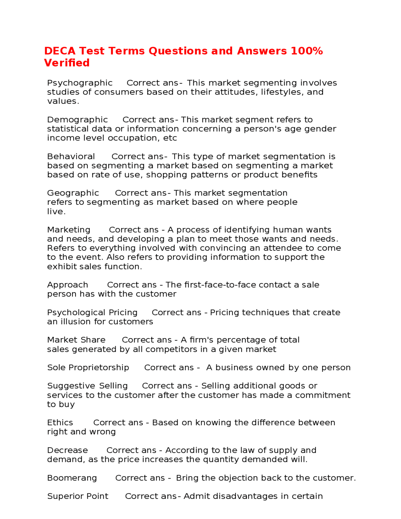 DECA Test Terms Questions and Answers 100% Verified | Exams Marketing ...