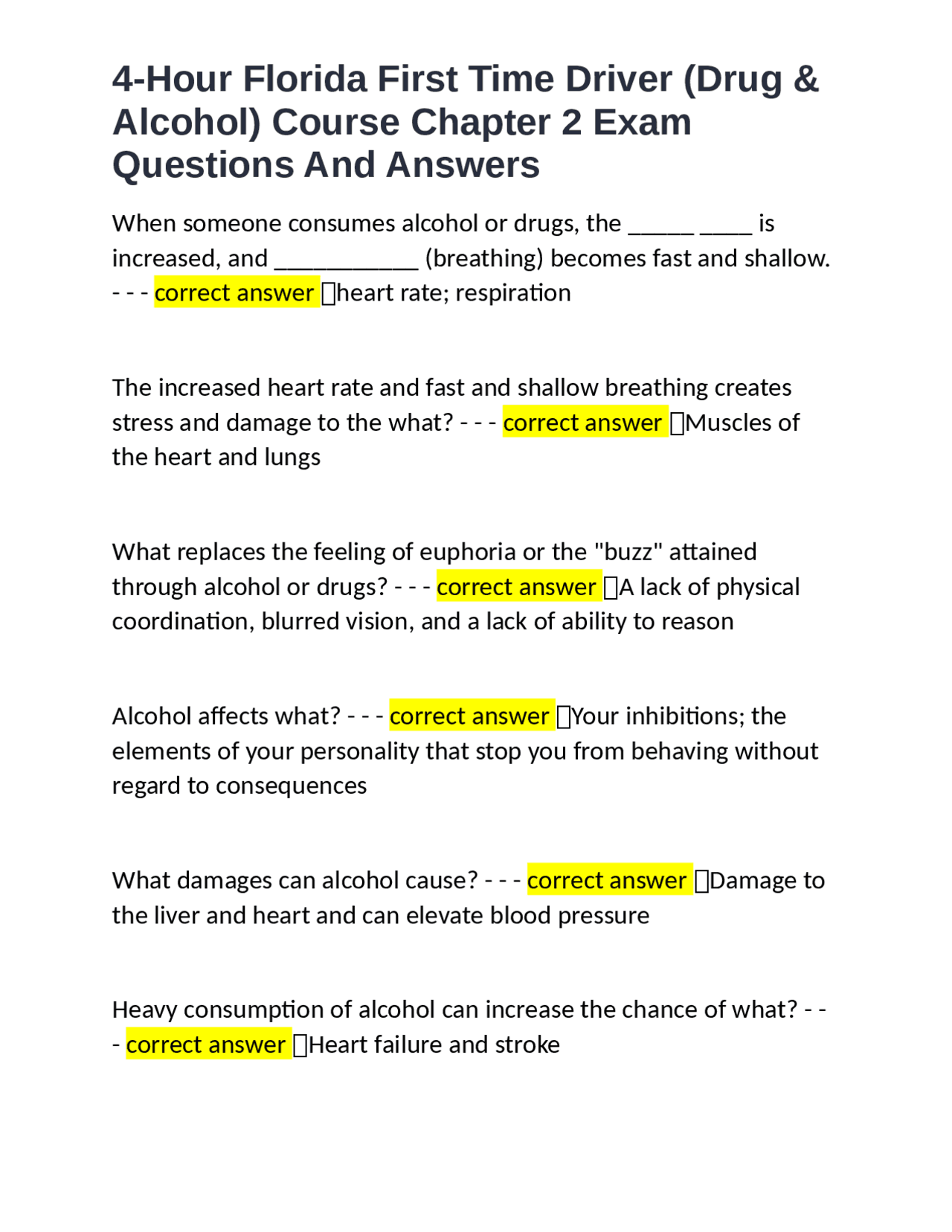 4-Hour Florida First Time Driver (Drug & Alcohol) Course Chapter 2 Exam ...