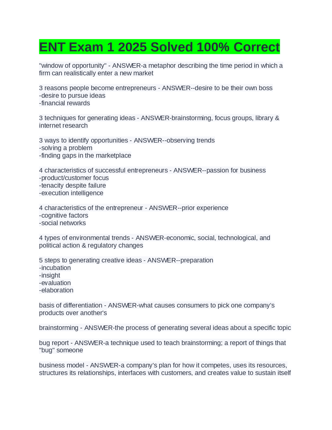 Ente Exam ENT Exam 1 2025 Solved 100% Correct | Exams Medicine | Docsity