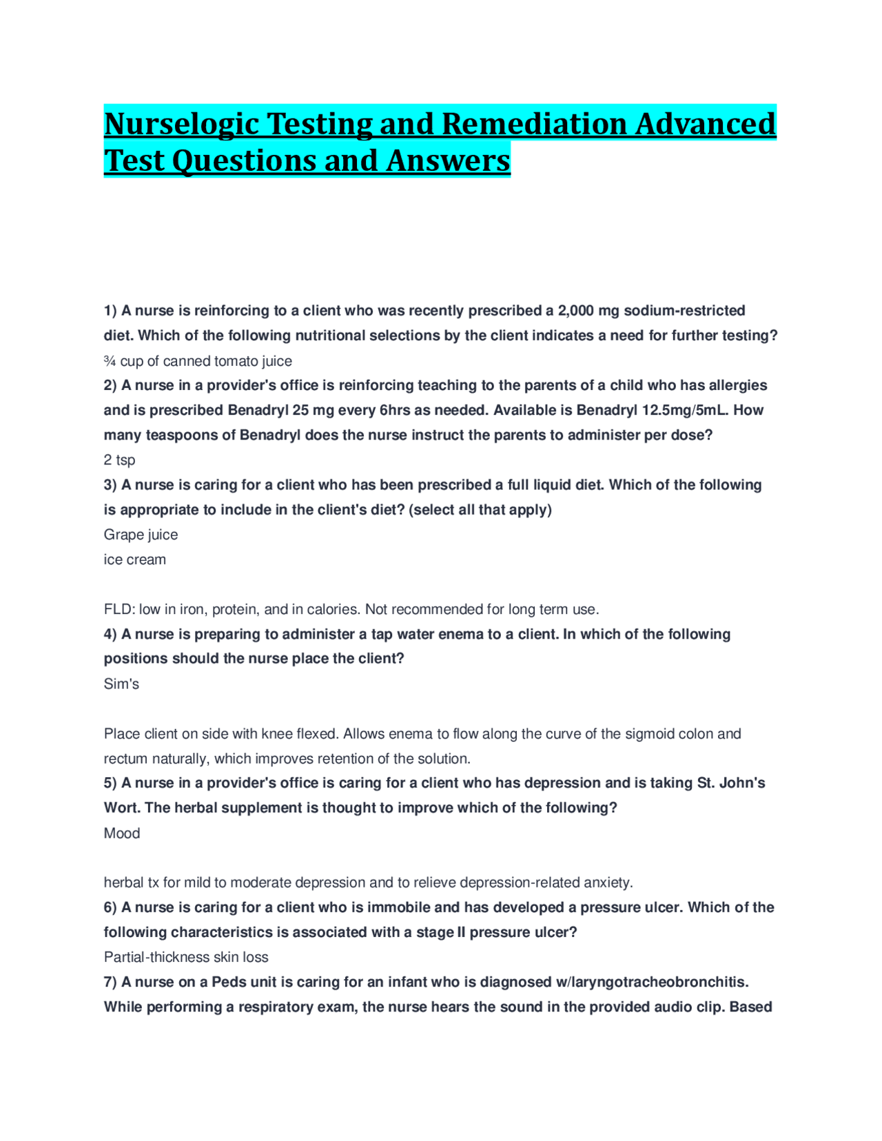 Nurselogic Testing and Remediation Advanced Test Questions and Answers ...