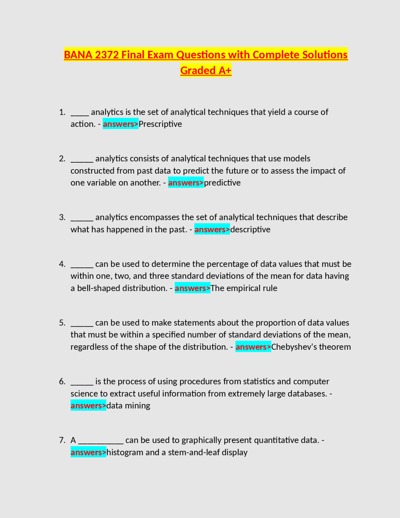 BANA 2372 Final Exam Questions with Complete Solutions | Exams Nursing ...