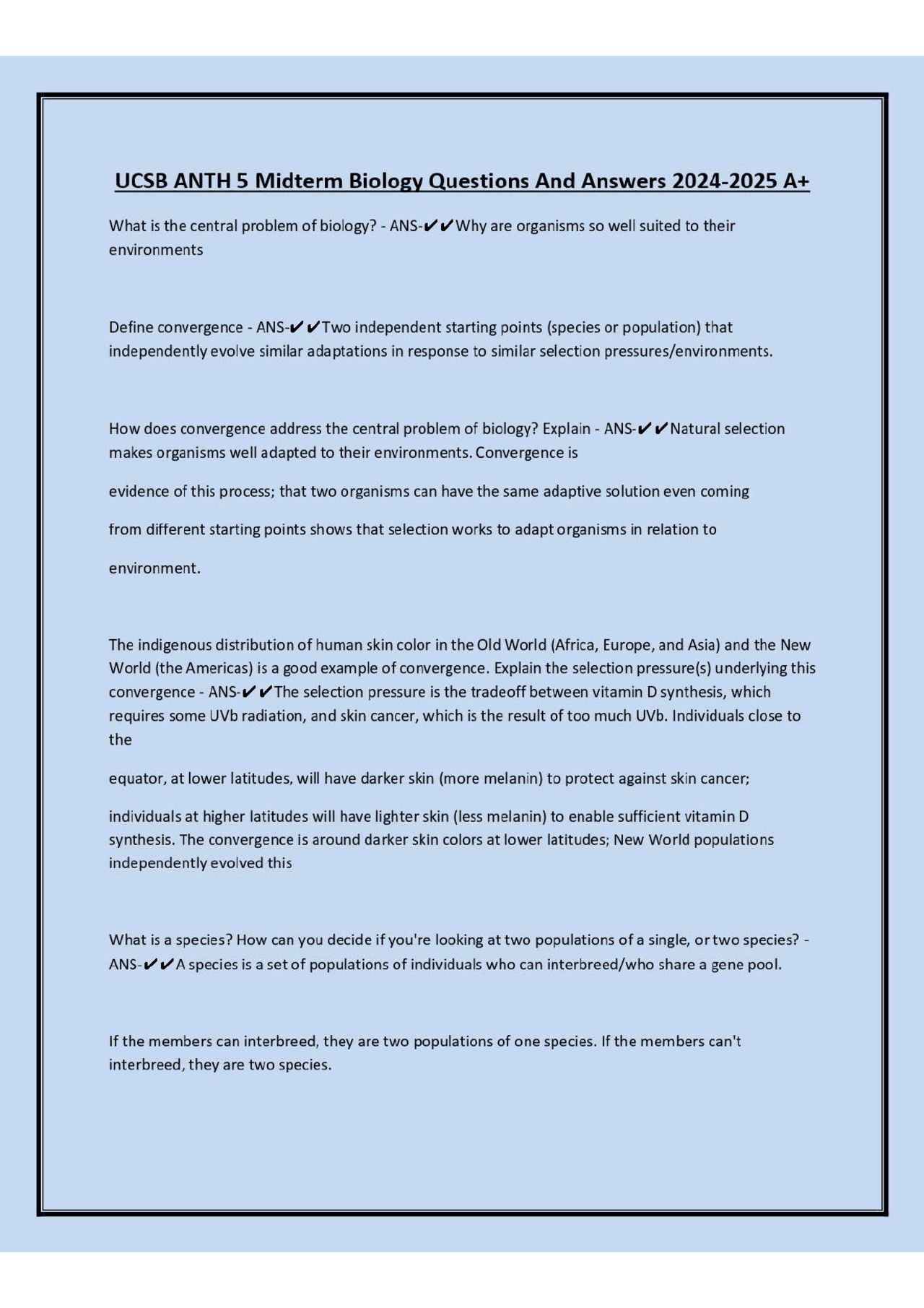 UCSB ANTH 5 Midterm Biology Questions And Answers 2024-2025 A+ | Exams ...
