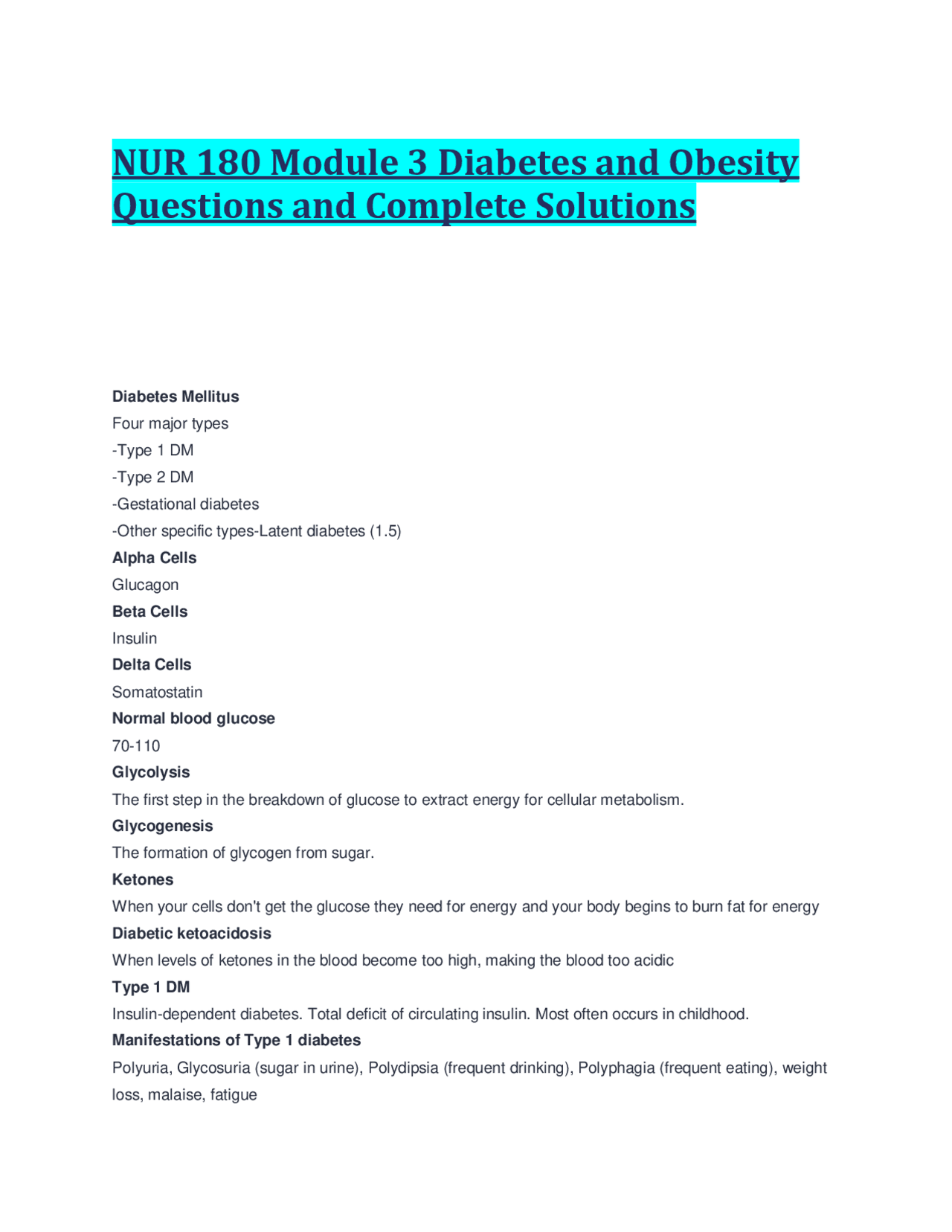 NUR 180 Module 3 Diabetes and Obesity Questions and Complete Solutions ...