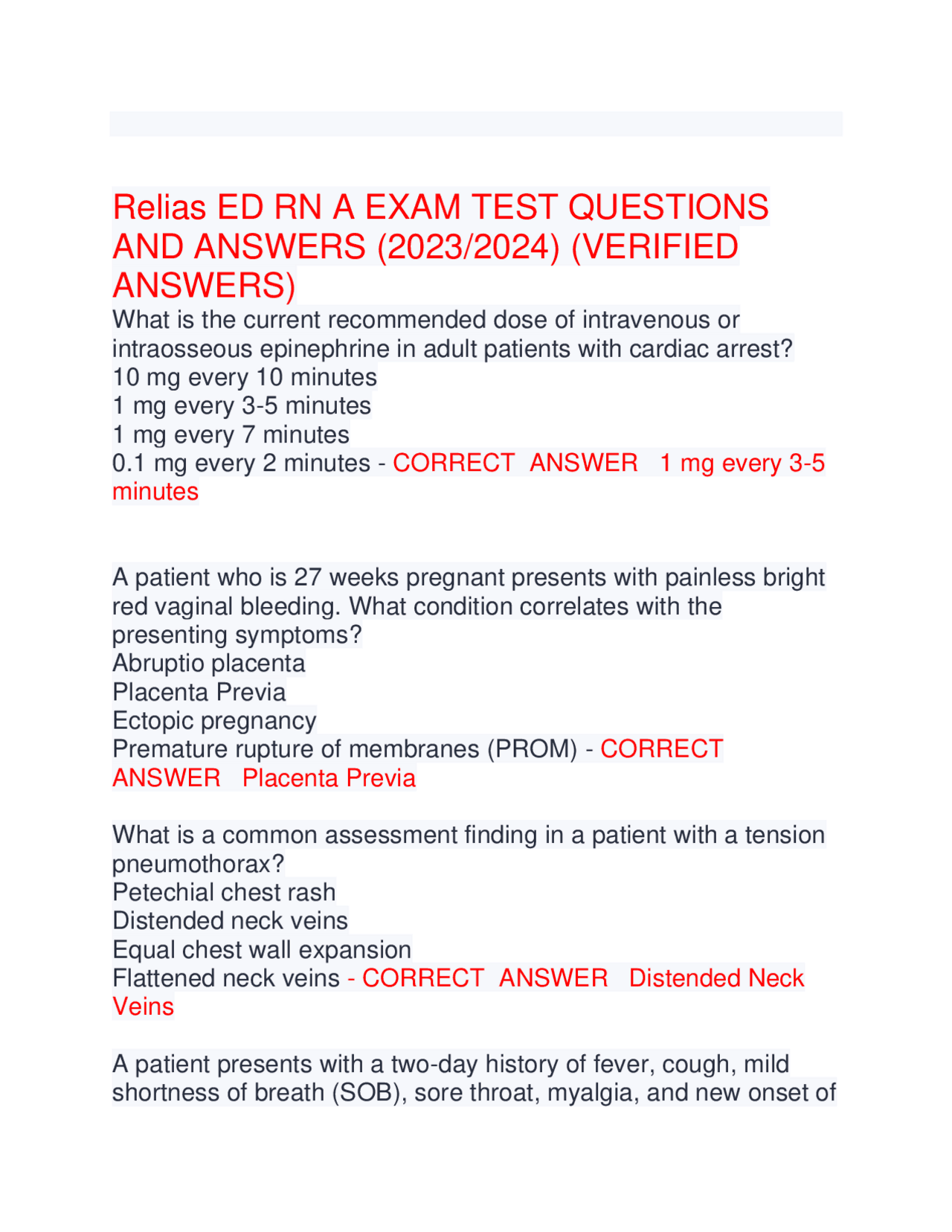Relias ED RN A EXAM TEST QUESTIONS AND ANSWERS (2023/2024) (VERIFIED ANSWERS) | Exams Nursing ...