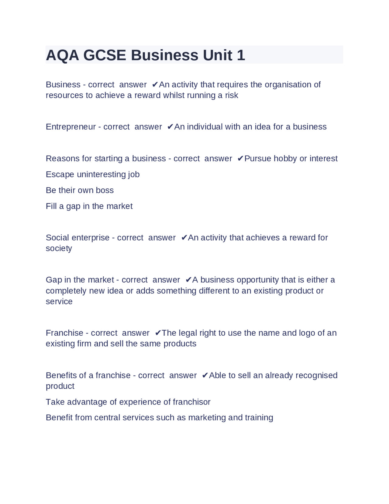 AQA GCSE Business Unit 1 Questions with complete solution | Exams ...