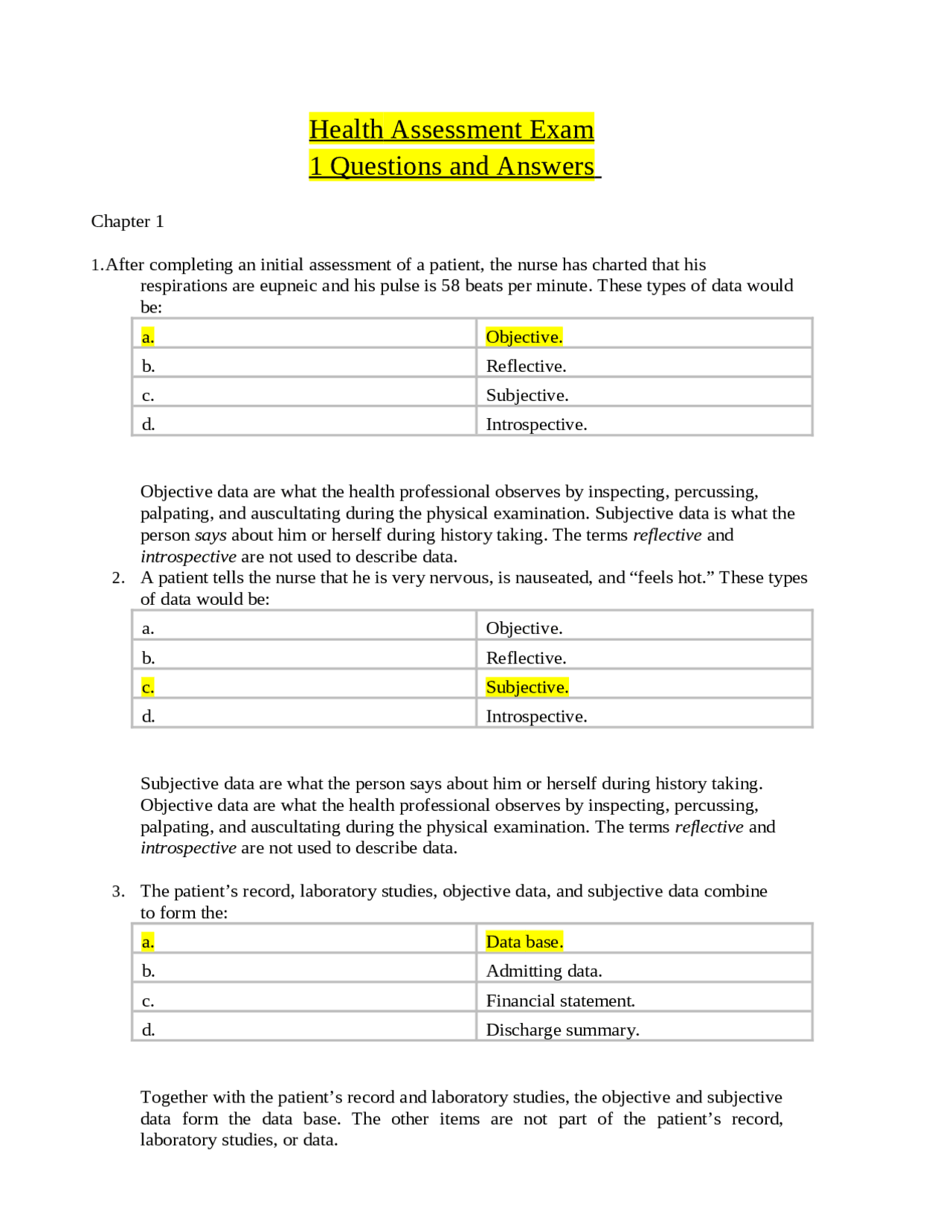 Health Assessment Exam 1 Questions and Answers | Exams Nursing | Docsity