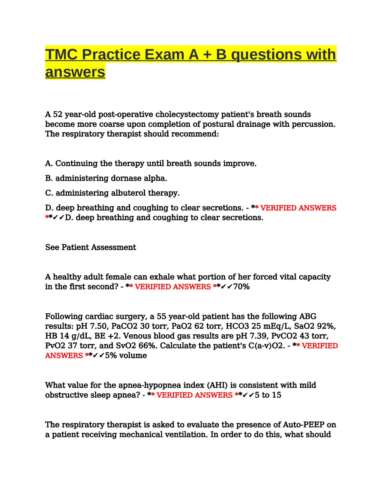 TMC Practice Exam A + B questions with answers | Exams Nursing | Docsity