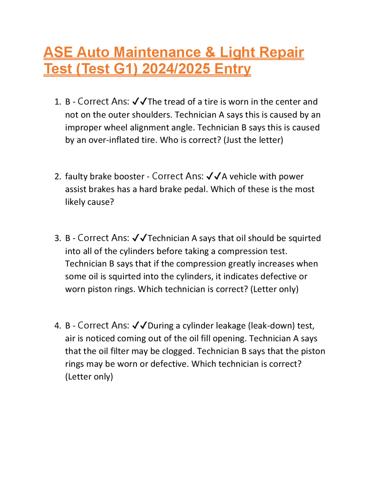 ASE Auto Maintenance & Light Repair Test (Test G1) 2024/2025 Entry ...