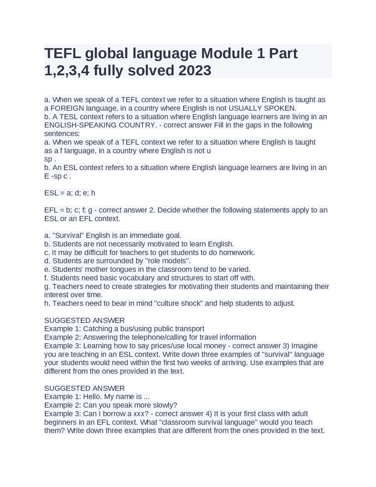 TEFL global language Module 1 Part 1,2,3,4 fully solved 2023.docx ...