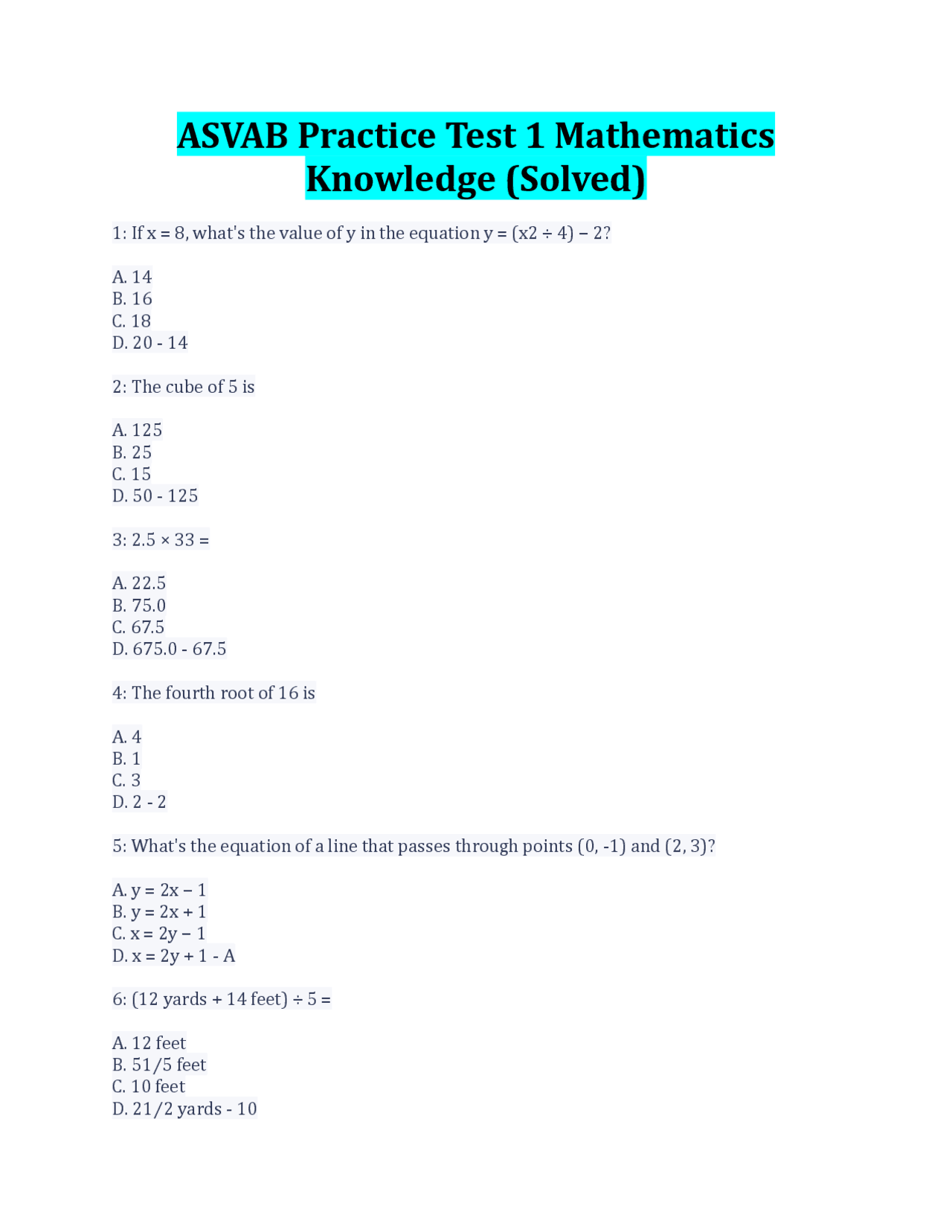 ASVAB Practice Test 1 Mathematics Knowledge (Solved) | Exams ...