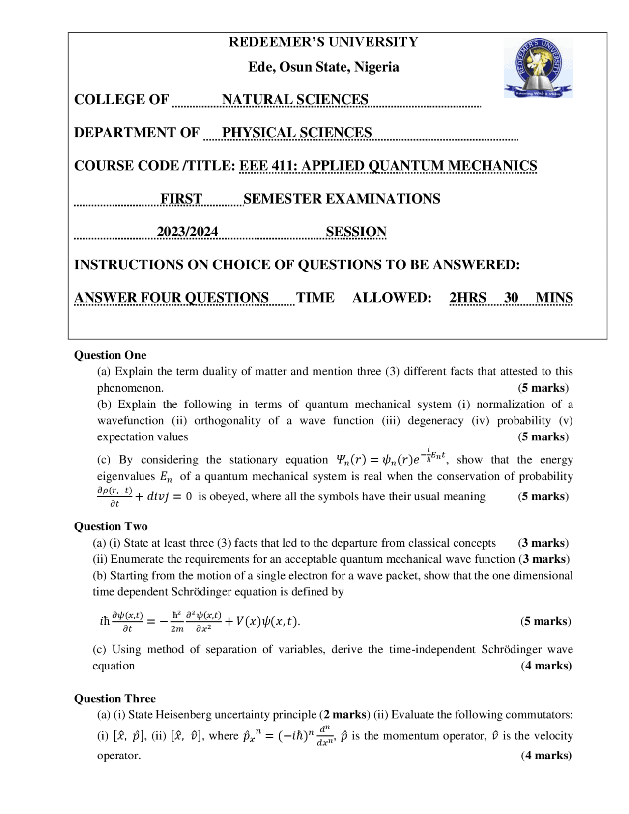 Quantum Mechanics Exam Past Questions | Exams Quantum Mechanics | Docsity