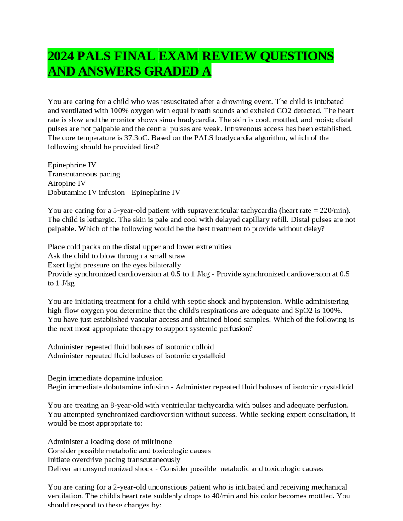 2024 PALS FINAL EXAM REVIEW QUESTIONS AND ANSWERS GRADED A | Exams ...