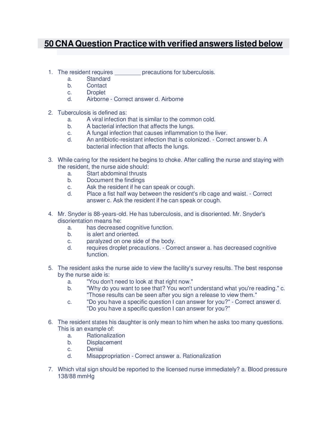 50 CNA Question Practice with verified answers listed below | Exams ...