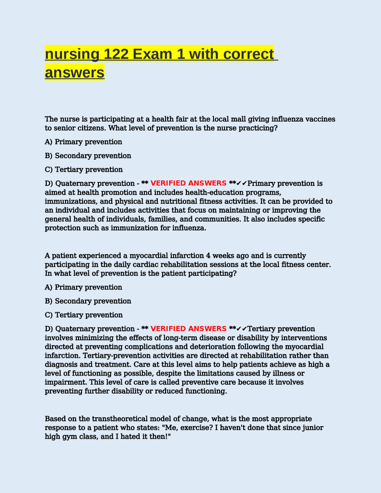 nursing 122 Exam 1 with correct answers | Exams Nursing | Docsity