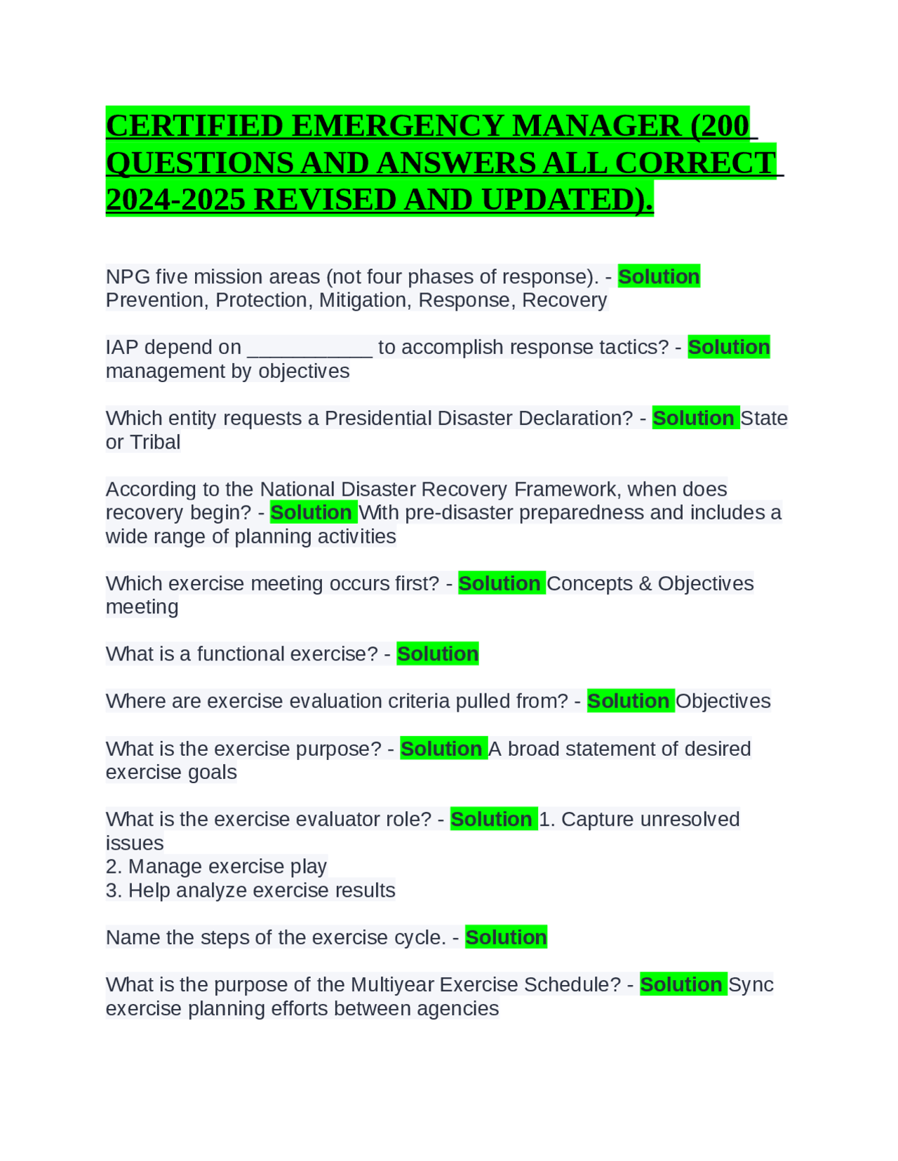CERTIFIED EMERGENCY MANAGER (200 QUESTIONS AND ANSWERS ALL CORRECT 2024 ...