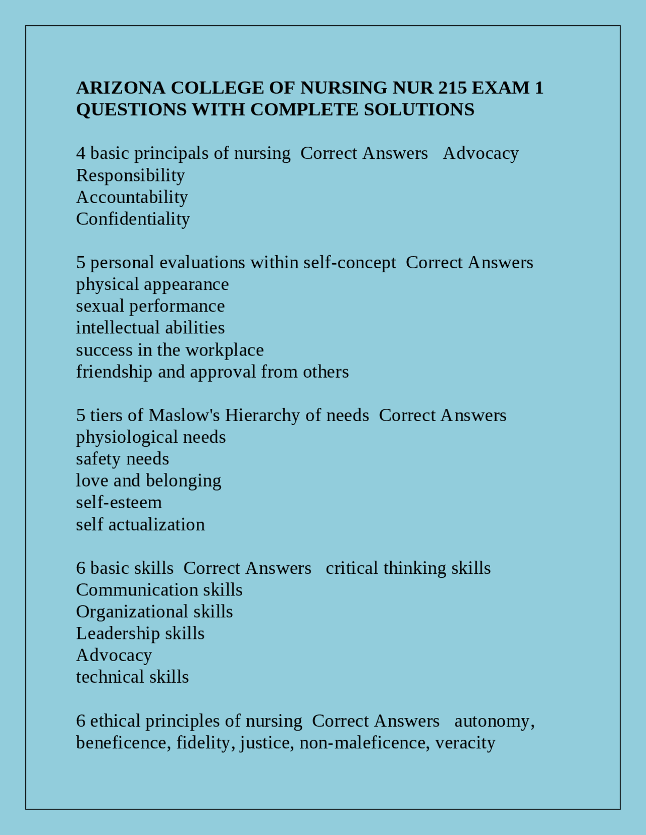 ARIZONA COLLEGE OF NURSING NUR 215 EXAM 1 QUESTIONS WITH COMPLETE ...