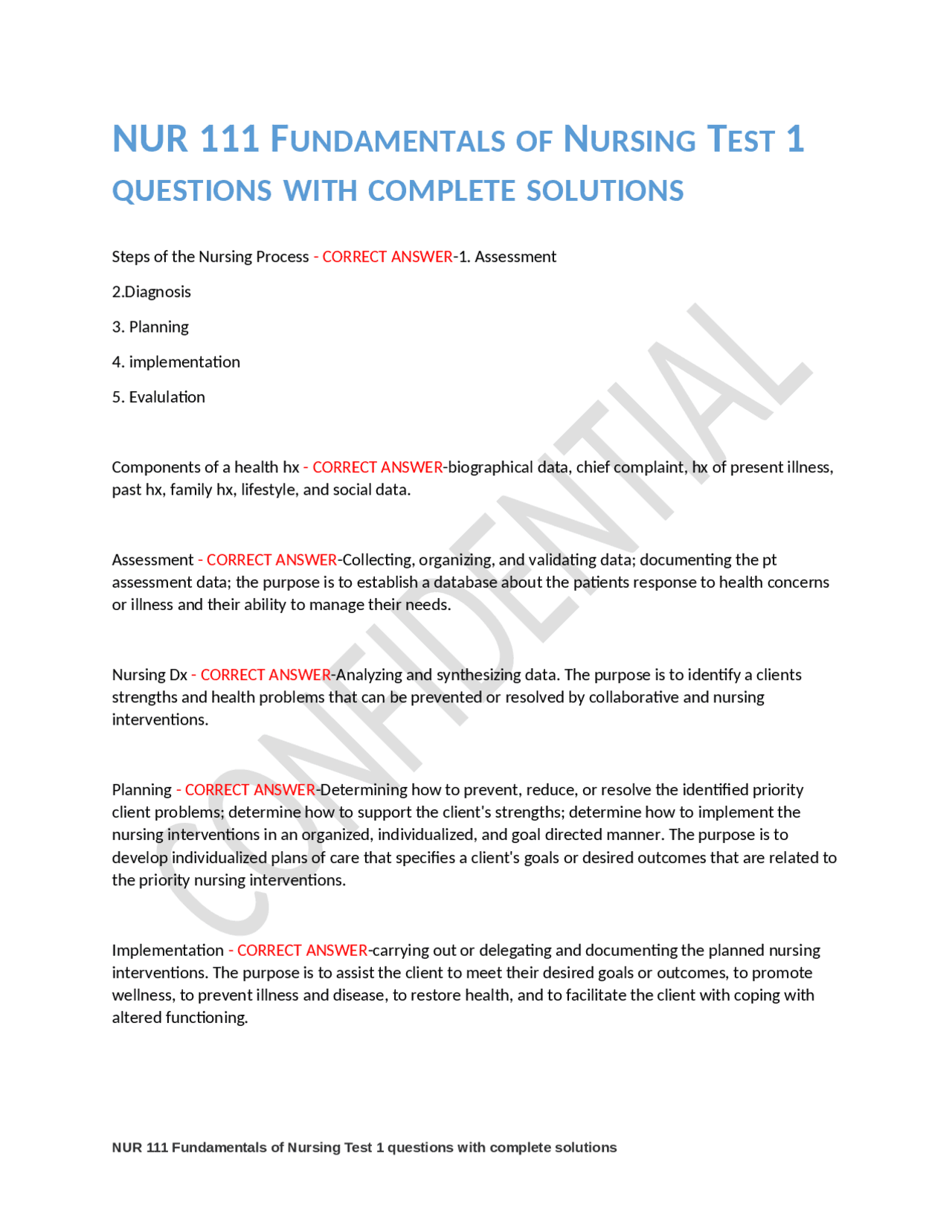NUR 111 FUNDAMENTALS OF NURSING TEST 1 QUESTIONS WITH COMPLETE ...