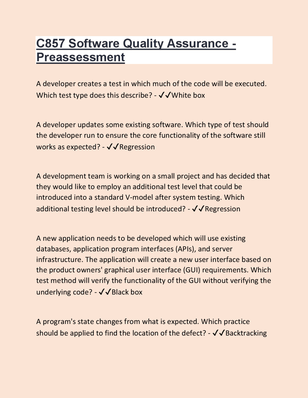 C857 Software Quality Assurance - Preassessment | Exams Software ...