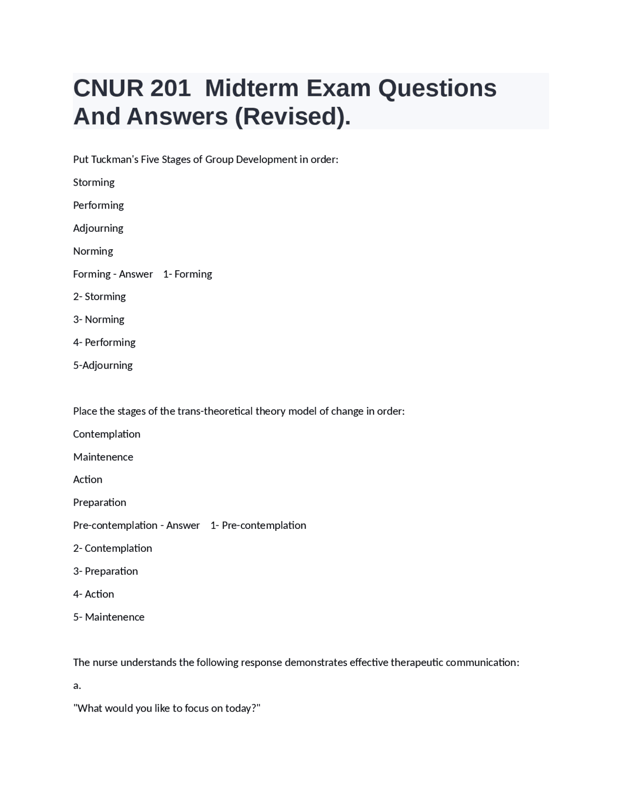 CNUR 201 Midterm Exam Questions And Answers (Revised). | Exams Nursing ...
