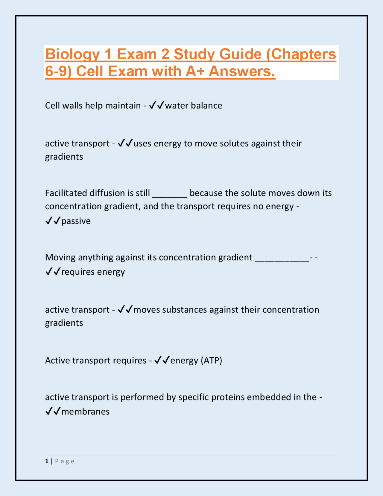 Biology 1 Exam 2 Study Guide (Chapters 6-9) Cell Exam with A+ Answers ...