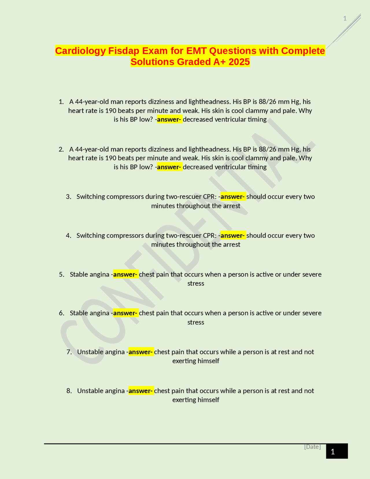 Cardiology Fisdap Exam for EMT Questions with Complete Solutions Graded ...