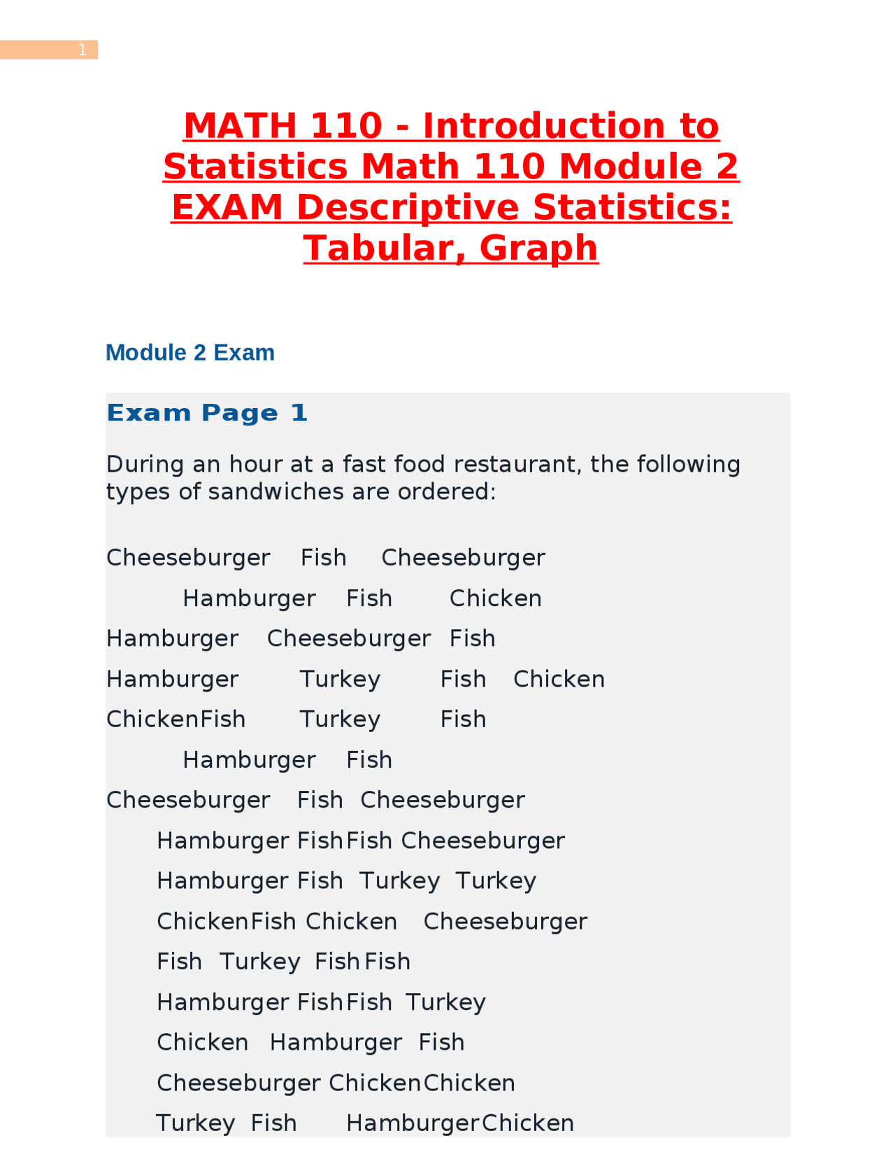 MATH 110 - Introduction to Statistics: Module 2 Exam - Descriptive ...