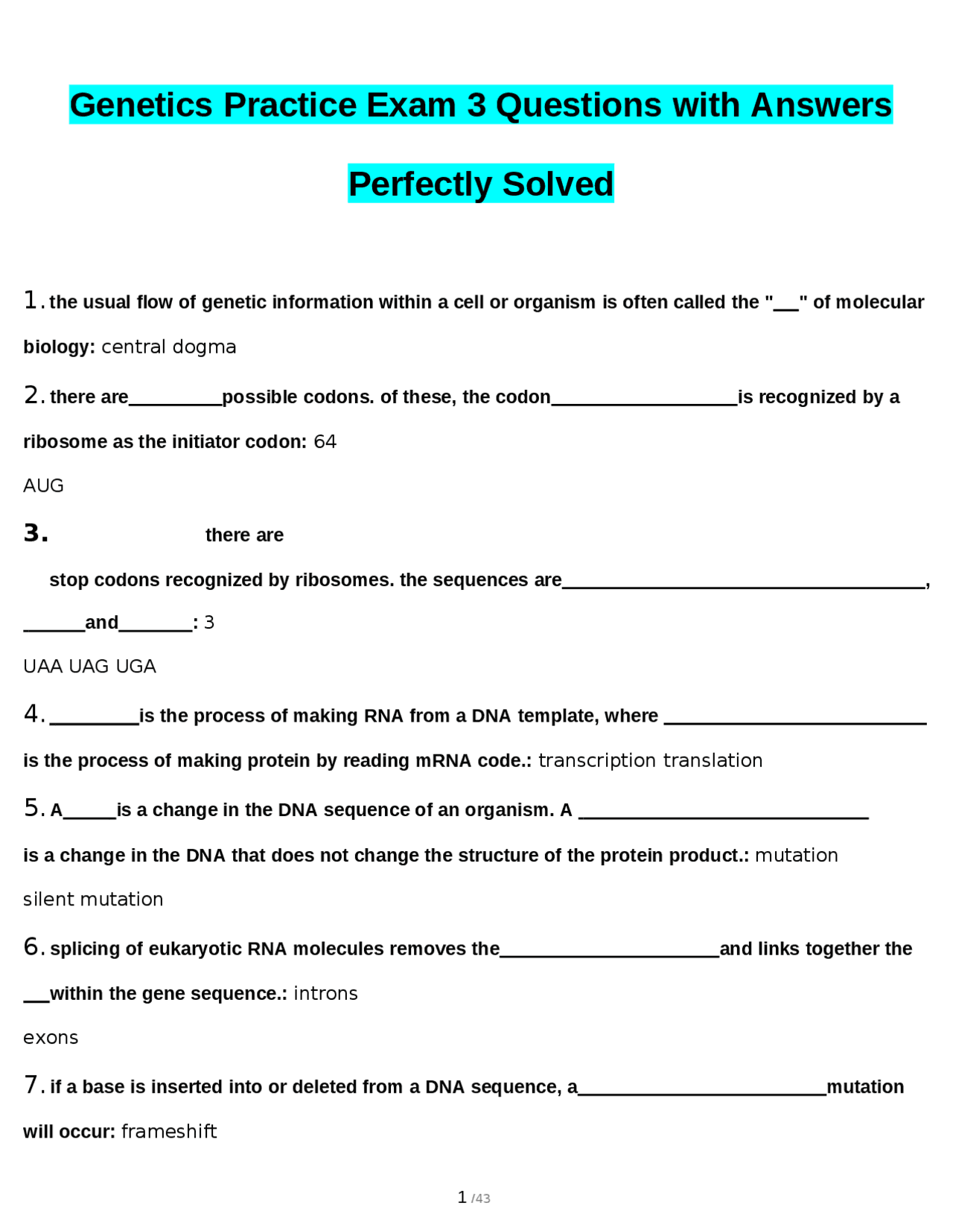 Genetics Practice Exam 3 Questions with Answers Perfectly Solved ...